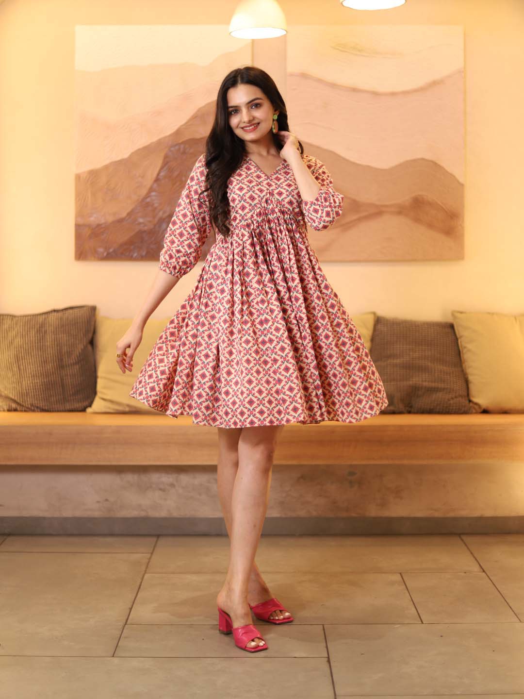 

WEAVLLITE Ethnic Motifs Printed Gathered Cotton Fit & Flare Ethnic Dress, Cream