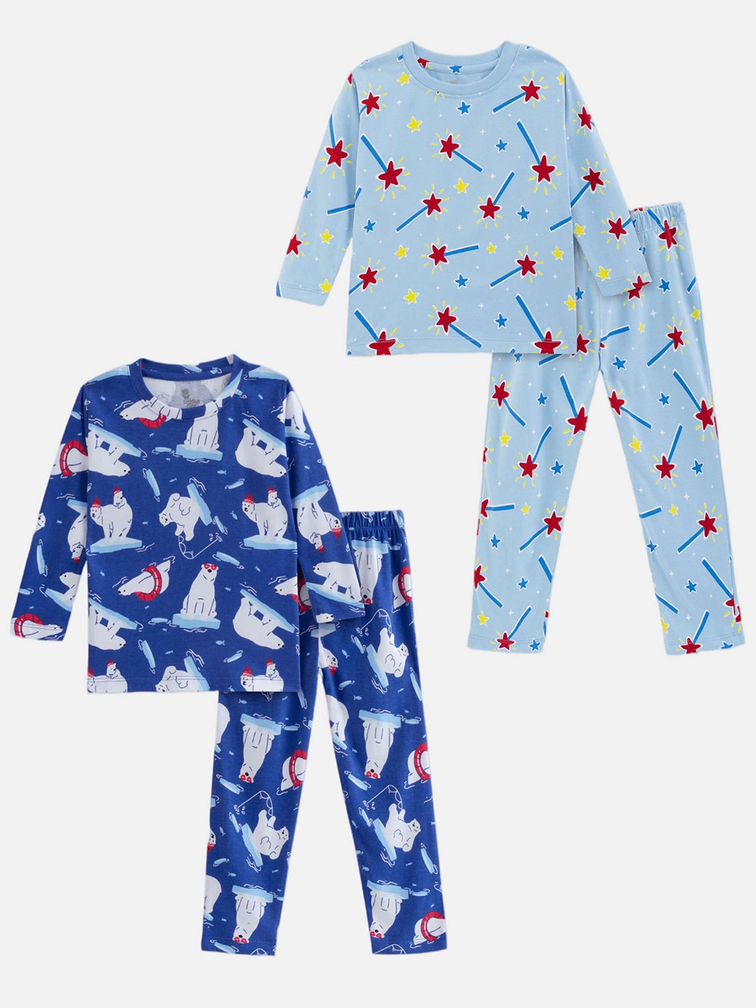 

Cuddles for Cubs Kids Pack Of 2 Printed Pure Cotton T-shirt with Pyjamas, Blue
