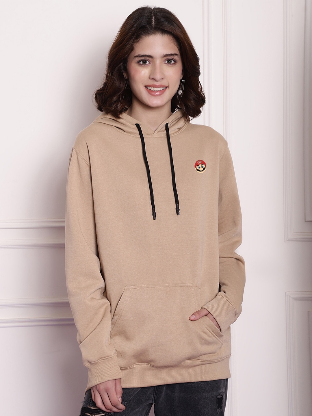 

Imsa Moda Hooded Oversized Fleece Sweatshirt With Mario Applique Detail, Beige