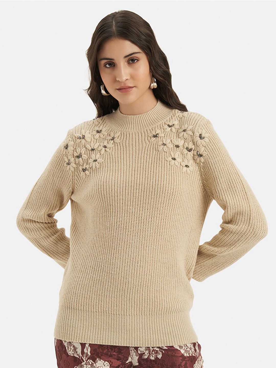 

Kazo Foral Ribbed Embellished Acrylic Pullover Sweater, Beige