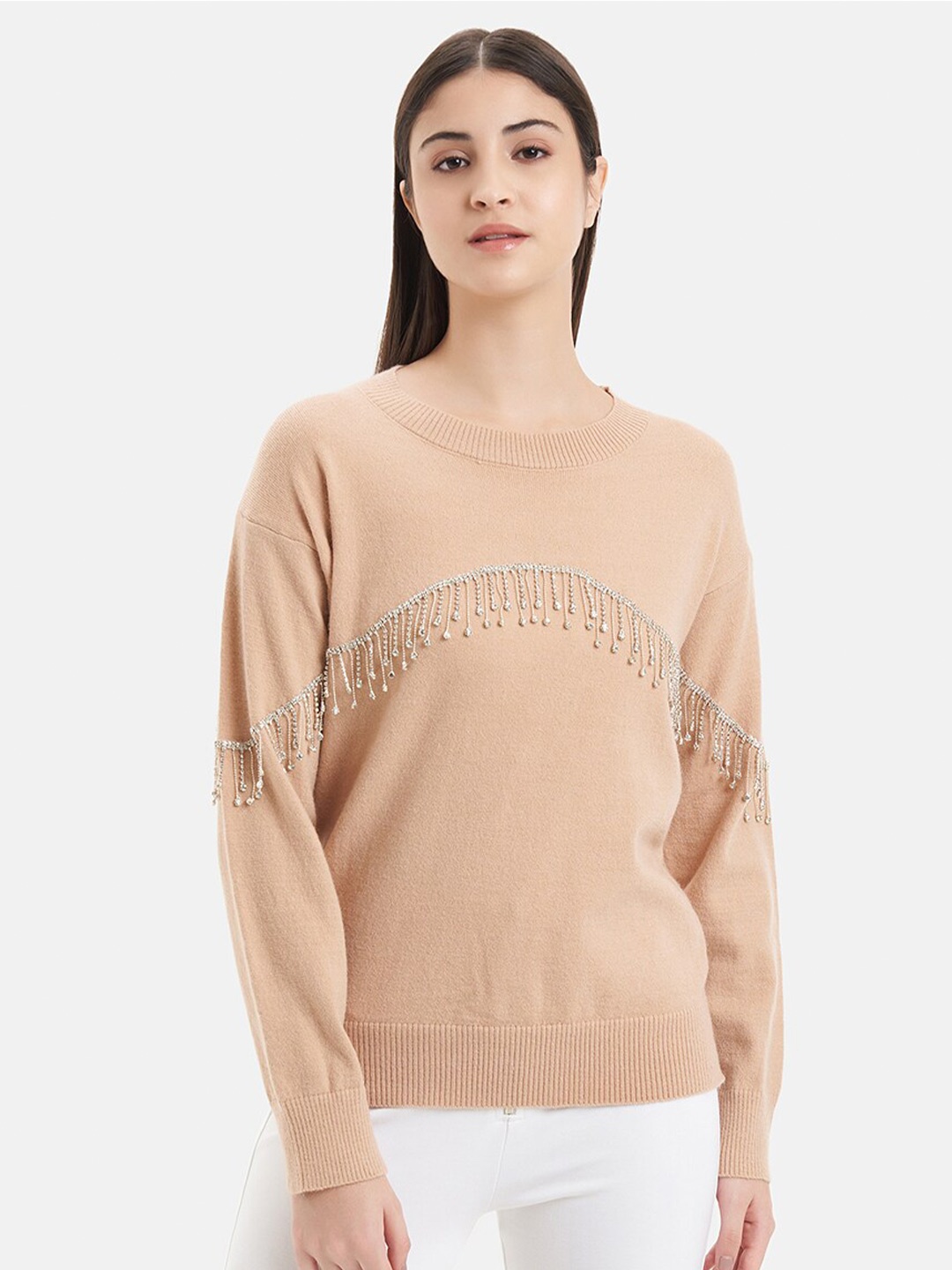 

Kazo Round Neck Embellished Acrylic Pullover Sweater, Peach