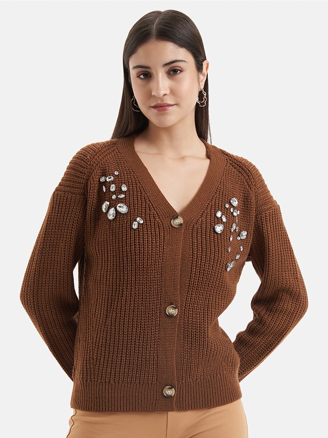 

Kazo Ribbed V-Neck Embellished Acrylic Cardigan Sweater, Brown