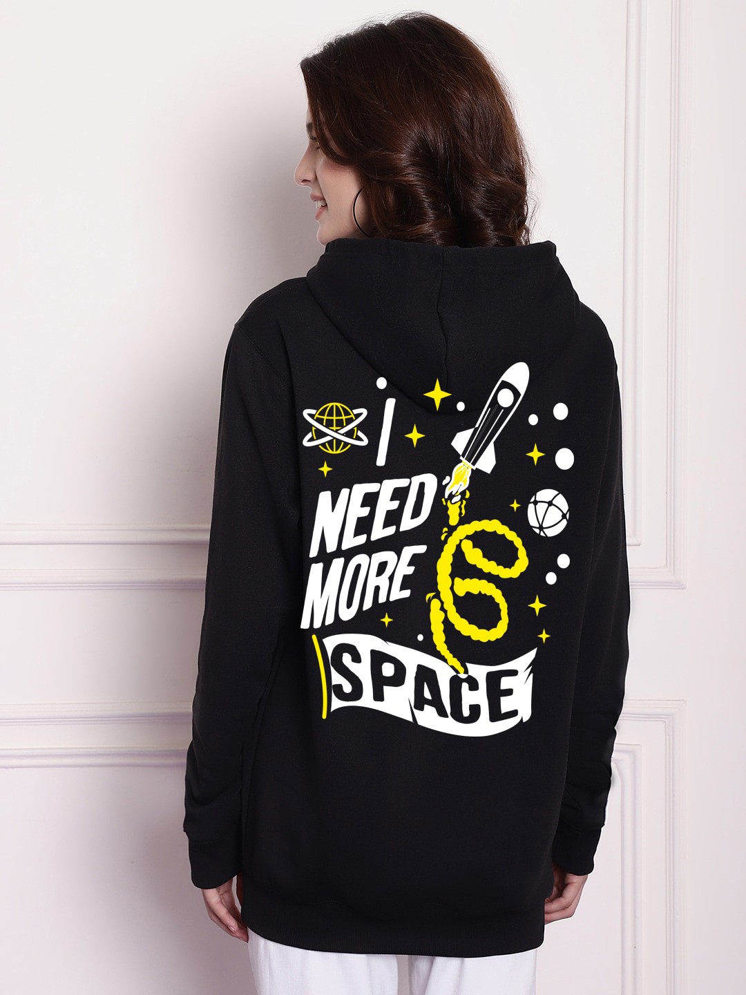 

Imsa Moda Typography Printed Hooded Fleece Oversized Pullover, Black