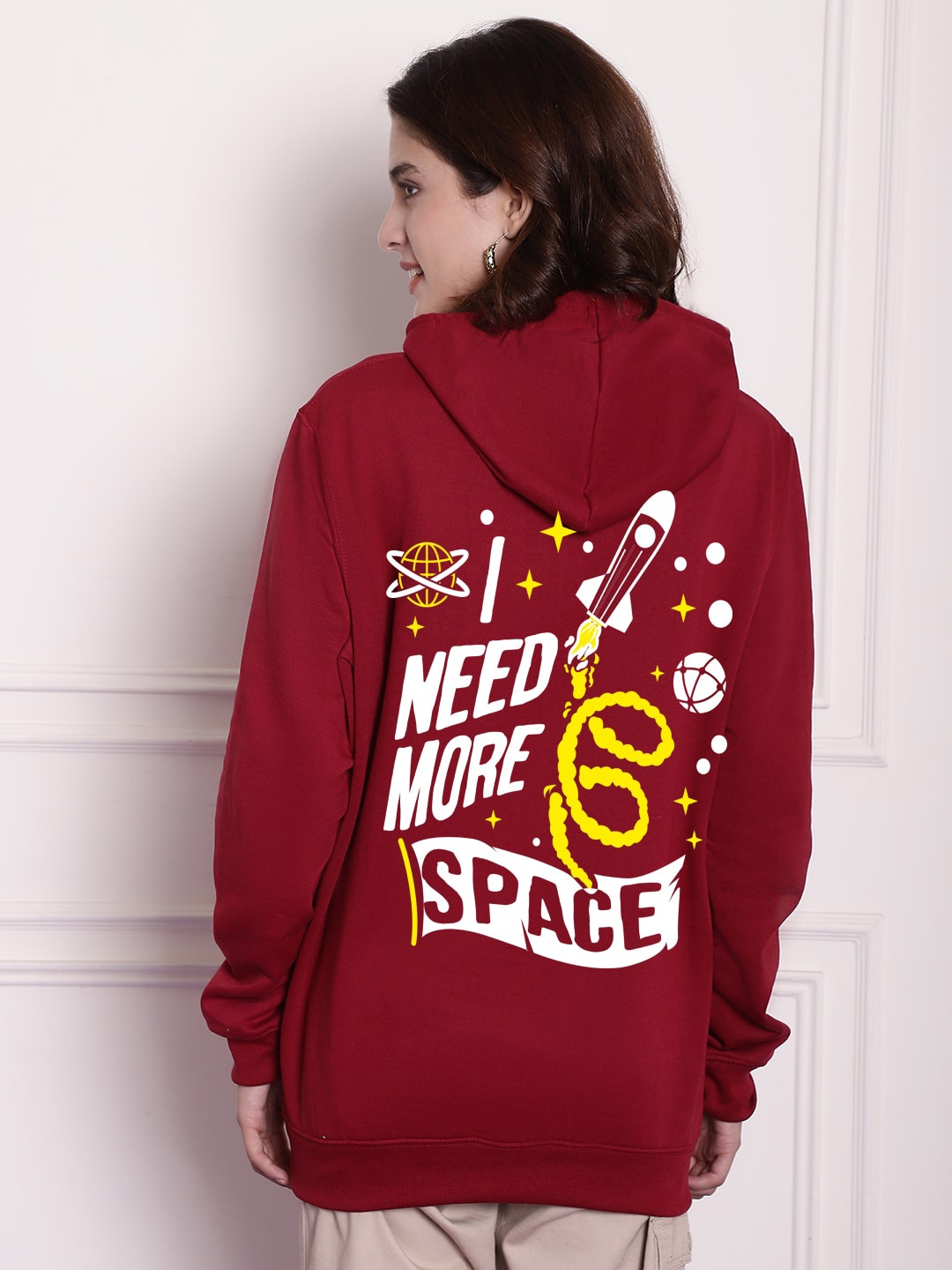 

Imsa Moda Typography Printed Hooded Fleece Longline Pullover Sweatshirt, Maroon