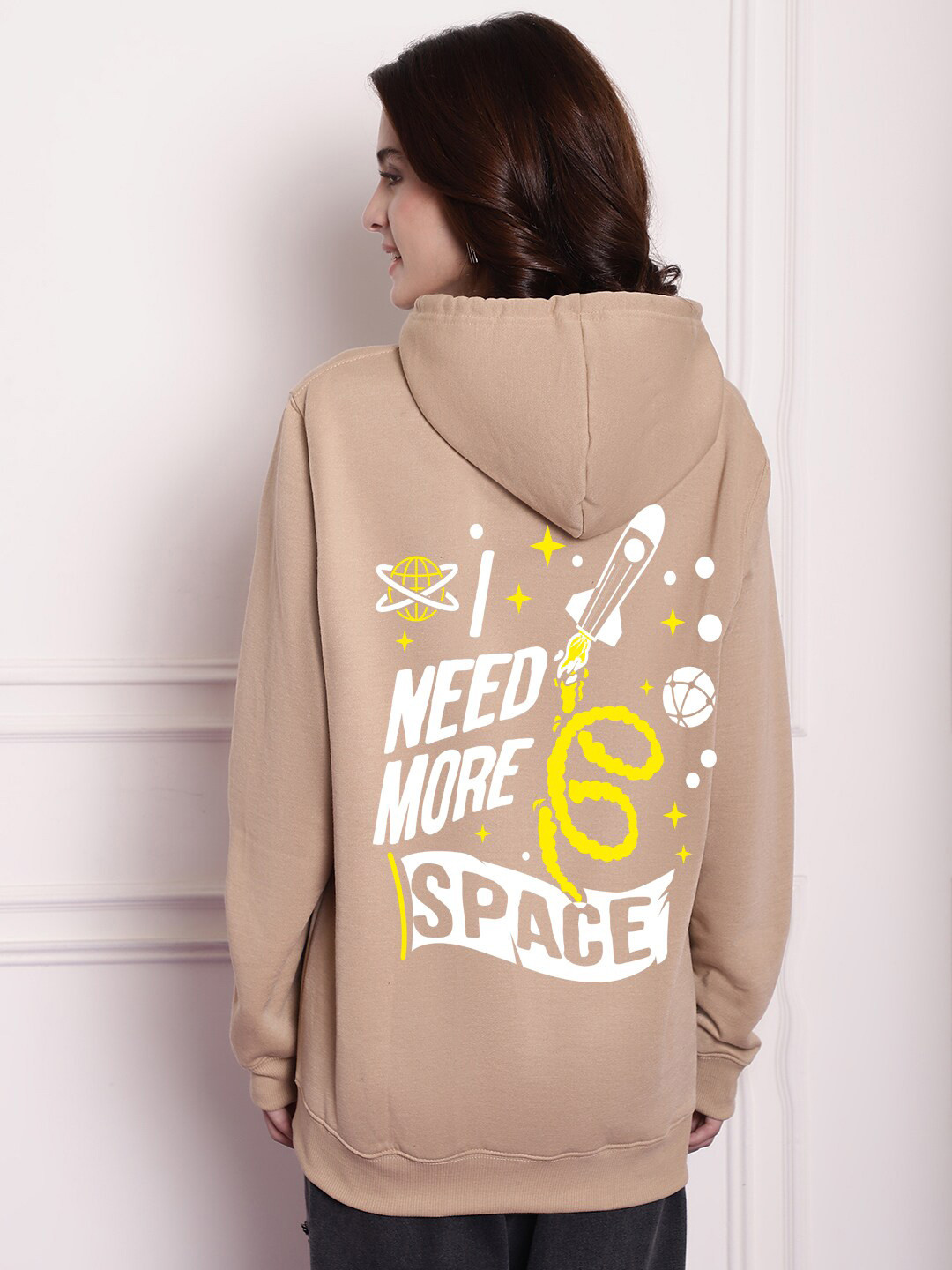 

Imsa Moda Typography Printed Long Sleeves Fleece Hooded Oversized Pullover Sweatshirt, Beige
