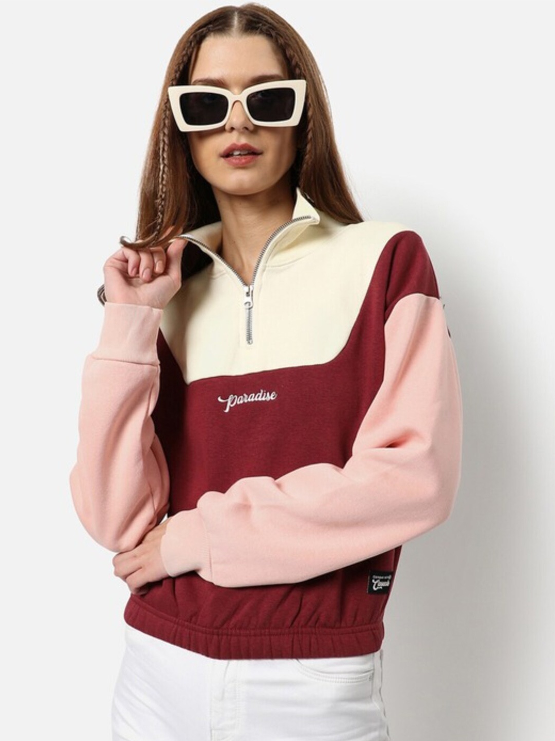 

Campus Sutra Maroon Colourblocked Mock Collar Long Sleeve Cotton Pullover Sweatshirt