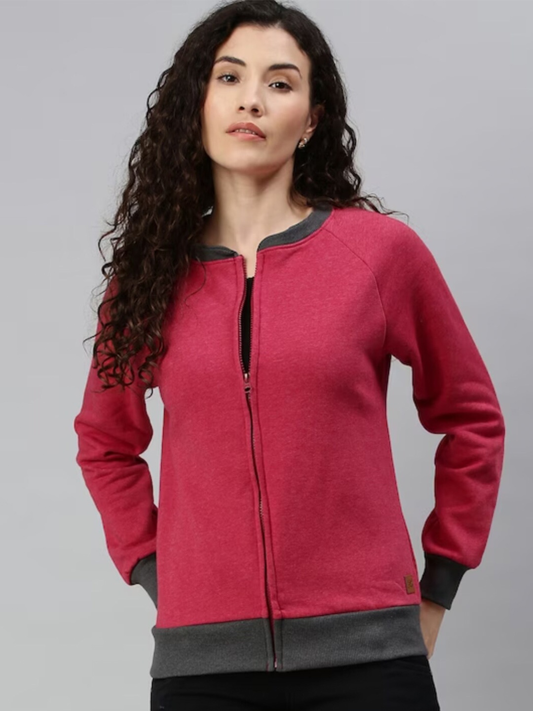 

Campus Sutra Round Neck Front Open Sweatshirt, Red