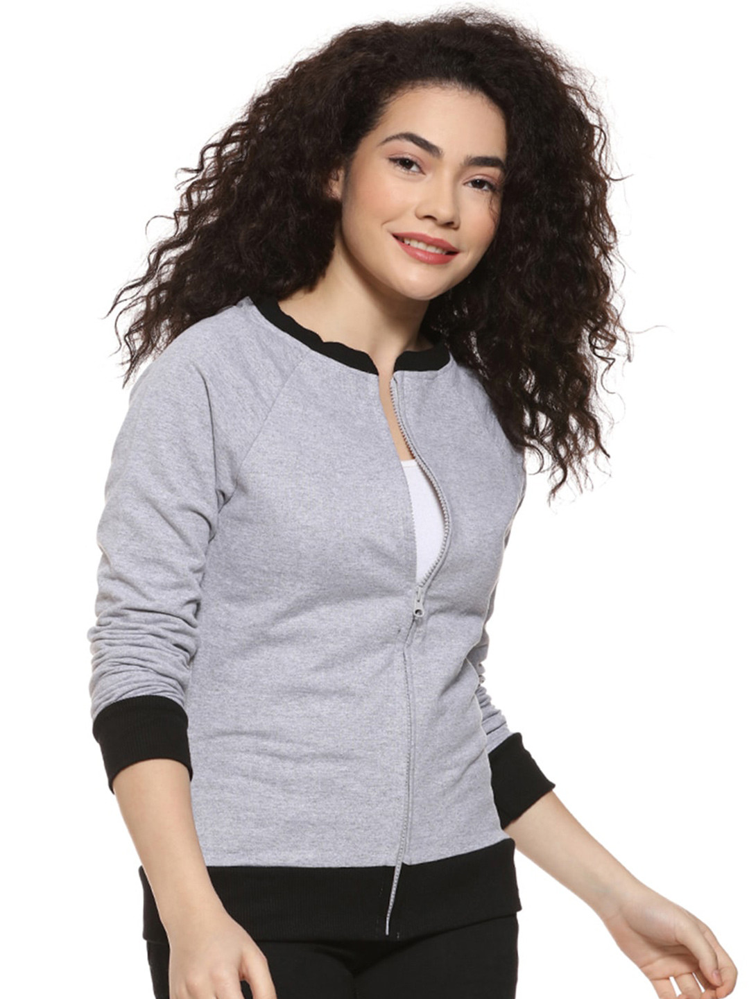 

Campus Sutra Round Neck Front Open Cotton Sweatshirt, Grey
