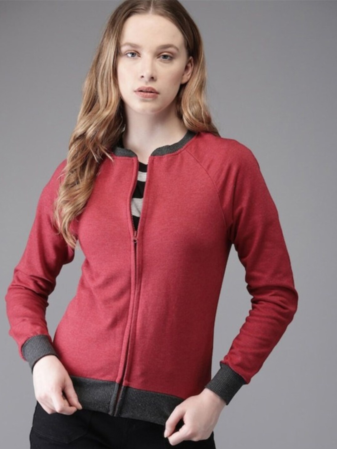 

Campus Sutra Round Neck Front Open Cotton Sweatshirt, Red