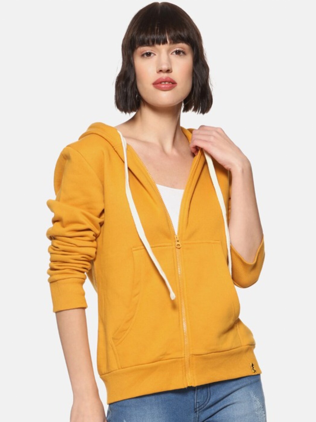 

Campus Sutra Hooded Front Open Cotton Sweatshirt, Mustard
