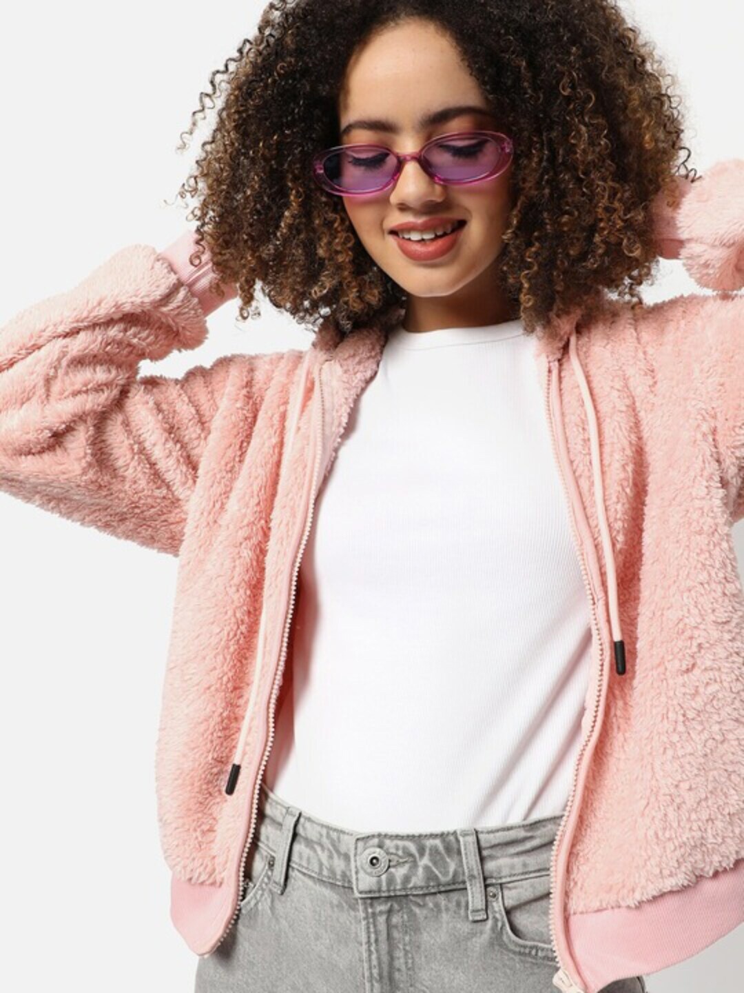 

Campus Sutra Self Design Hooded Cotton Sweatshirt, Pink