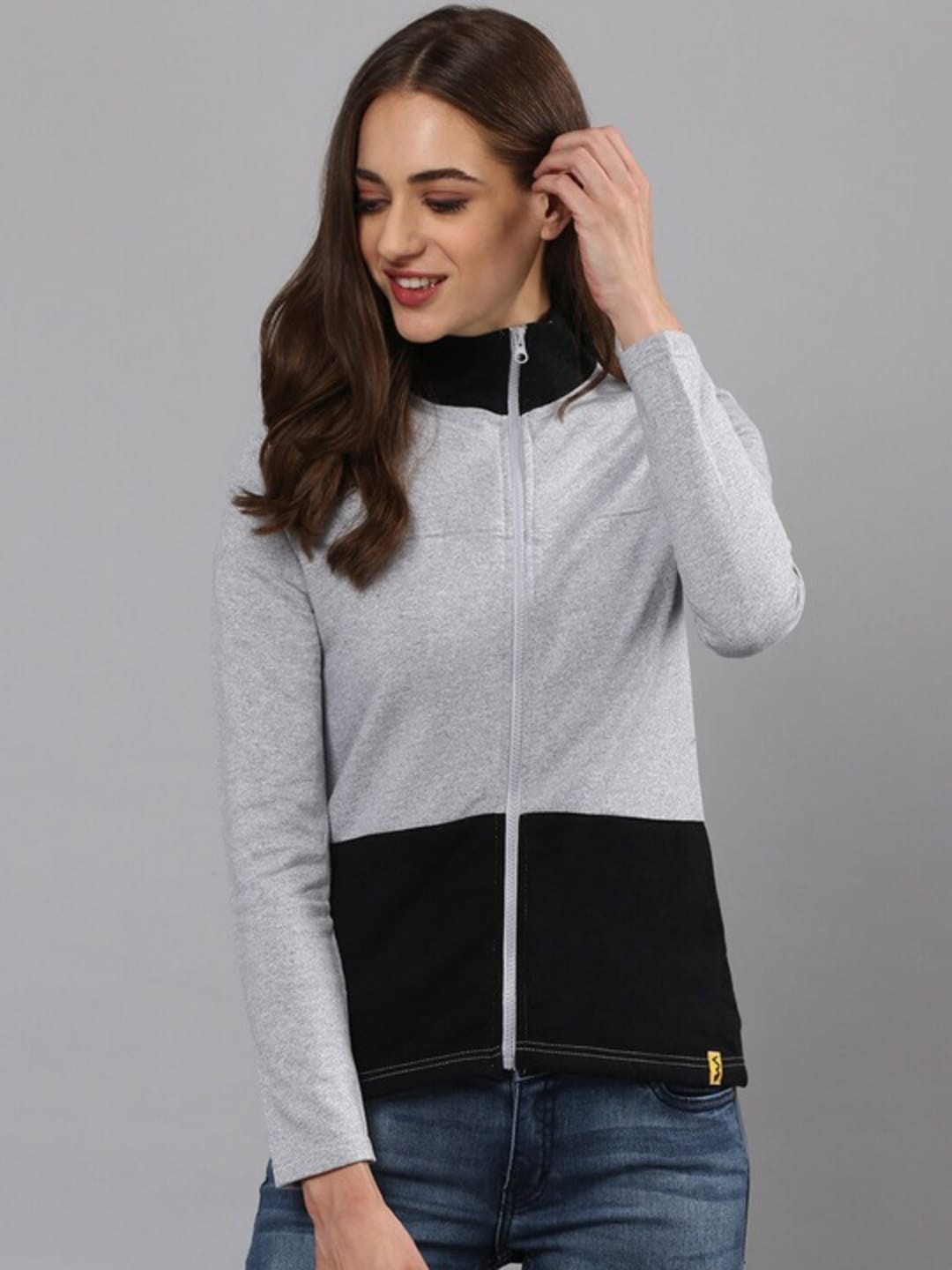 

Campus Sutra Grey Colourblocked Mock Collar Cotton Front-Open Sweatshirt