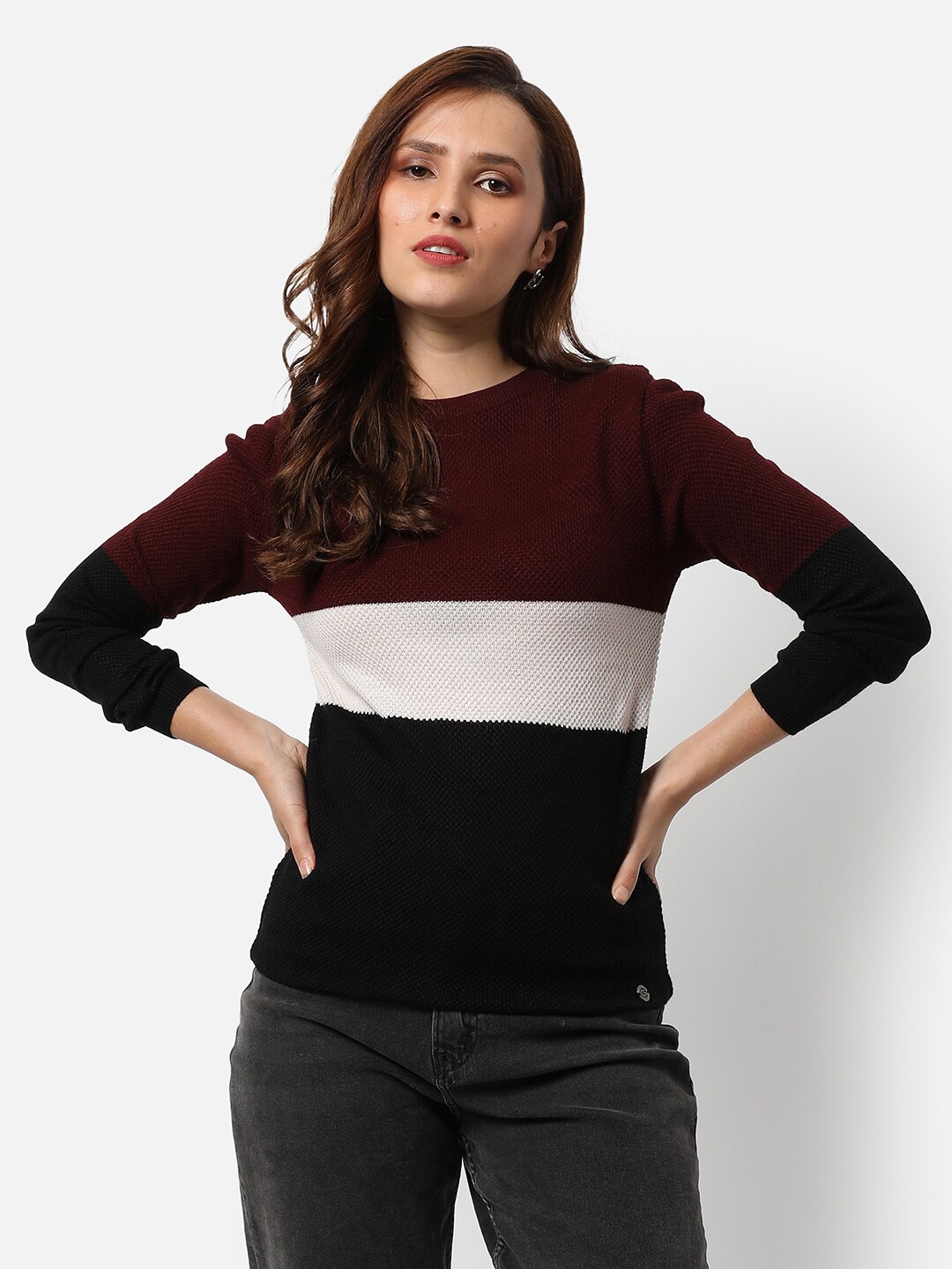 

Campus Sutra Colourblocked Acrylic Pullover, Maroon