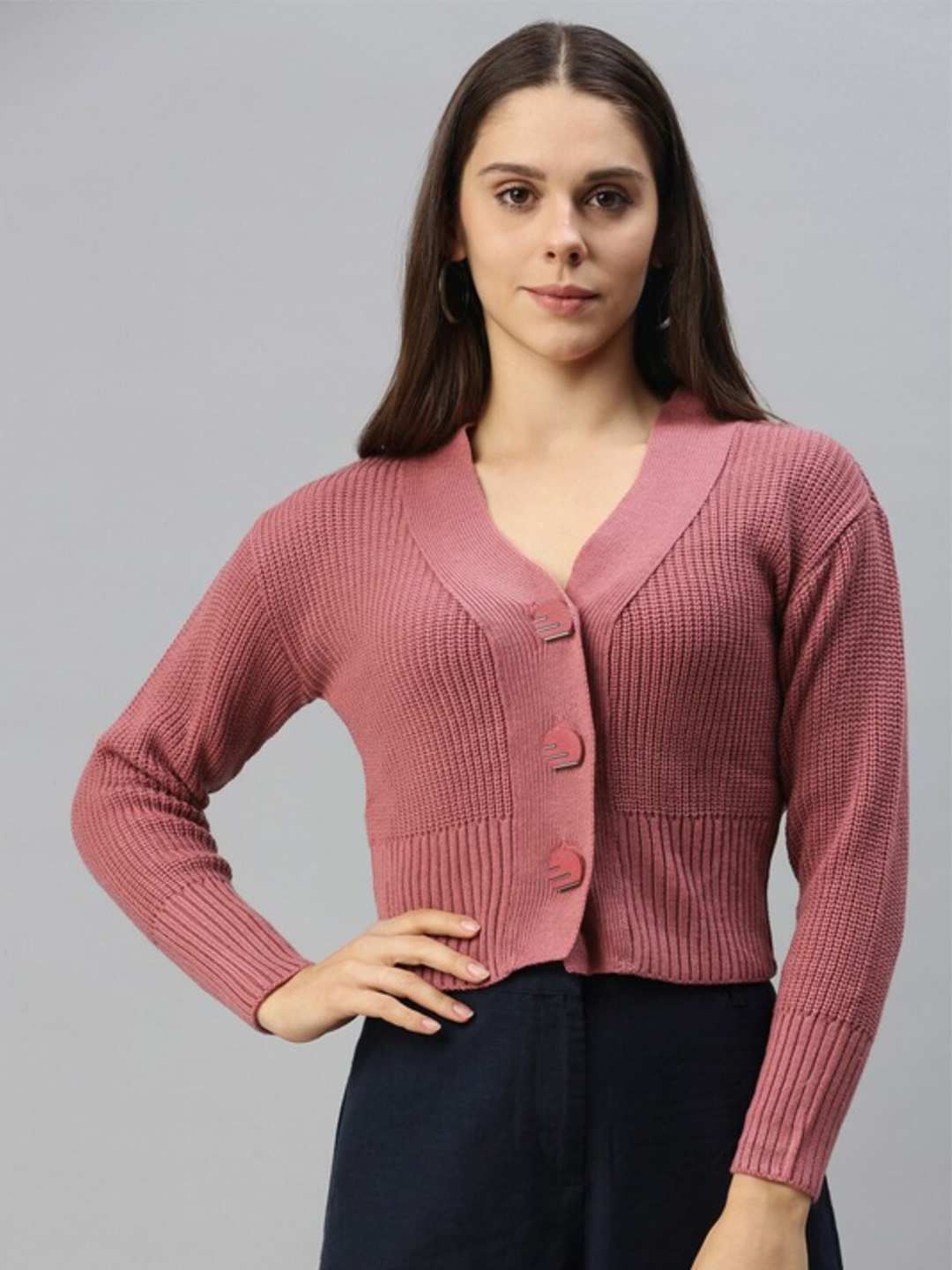 

Campus Sutra Ribbed V-Neck Woollen Cardigan, Pink