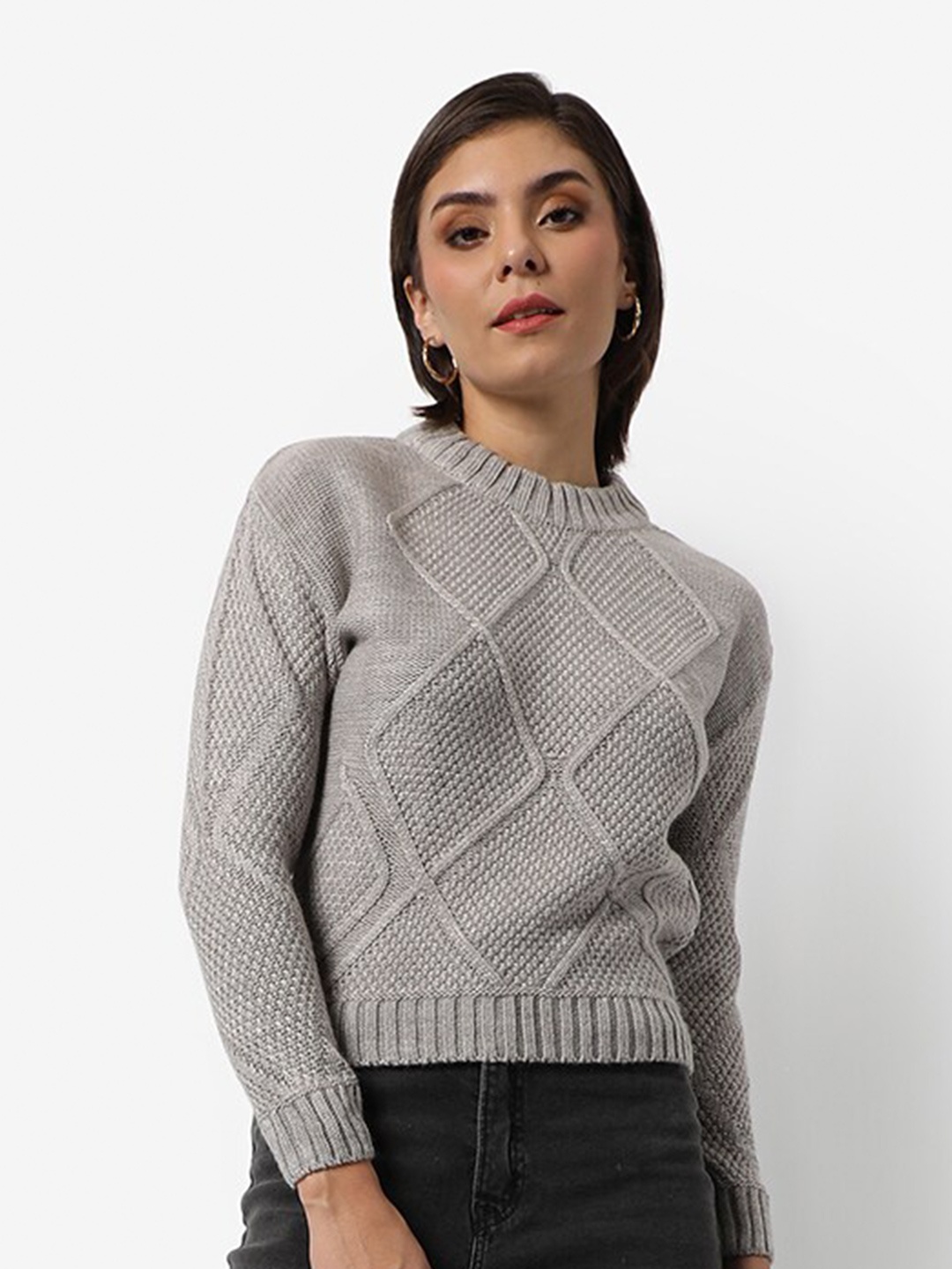 

Campus Sutra Cable Knit Acrylic Pullover, Grey