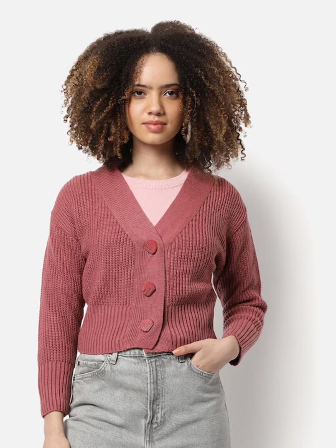 

Campus Sutra Ribbed Woollen Cardigan, Pink