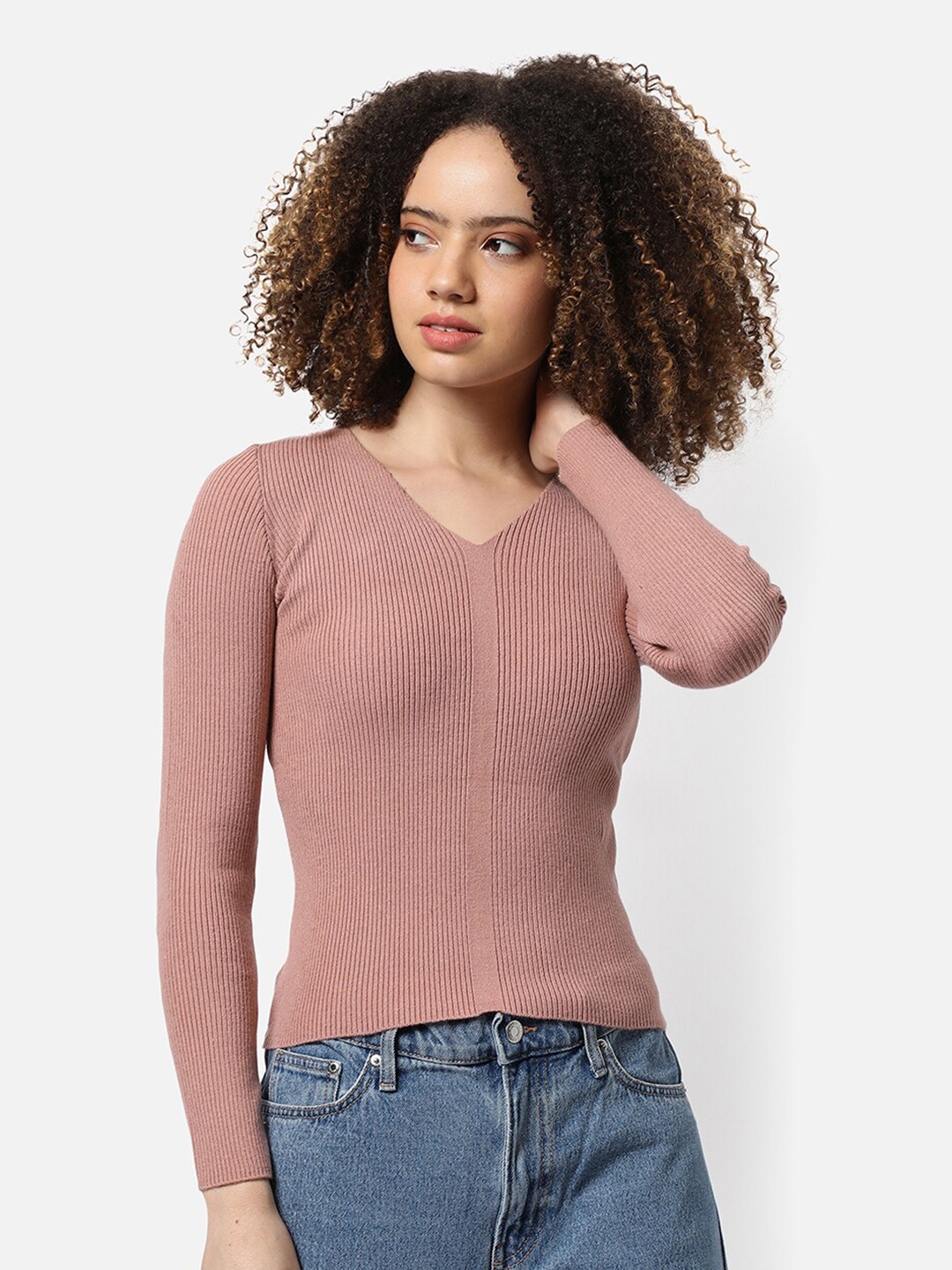 

Campus Sutra Ribbed Acrylic Pullover, Pink
