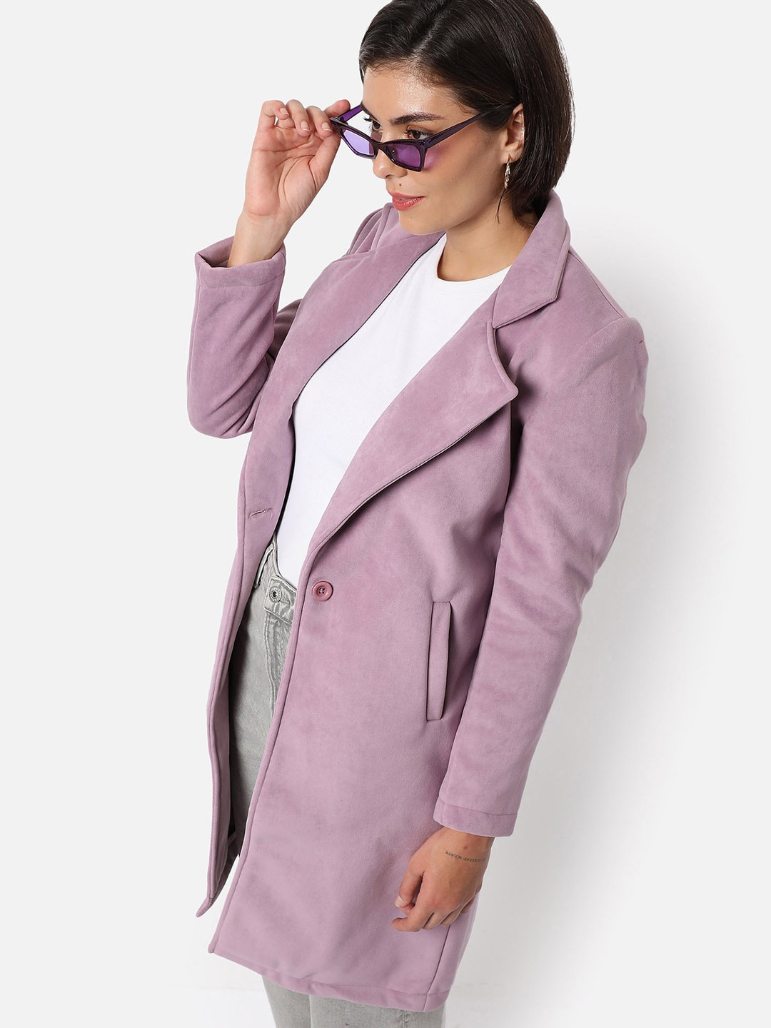 

Campus Sutra Notched Lapel Longline Single-Breasted Overcoat, Purple