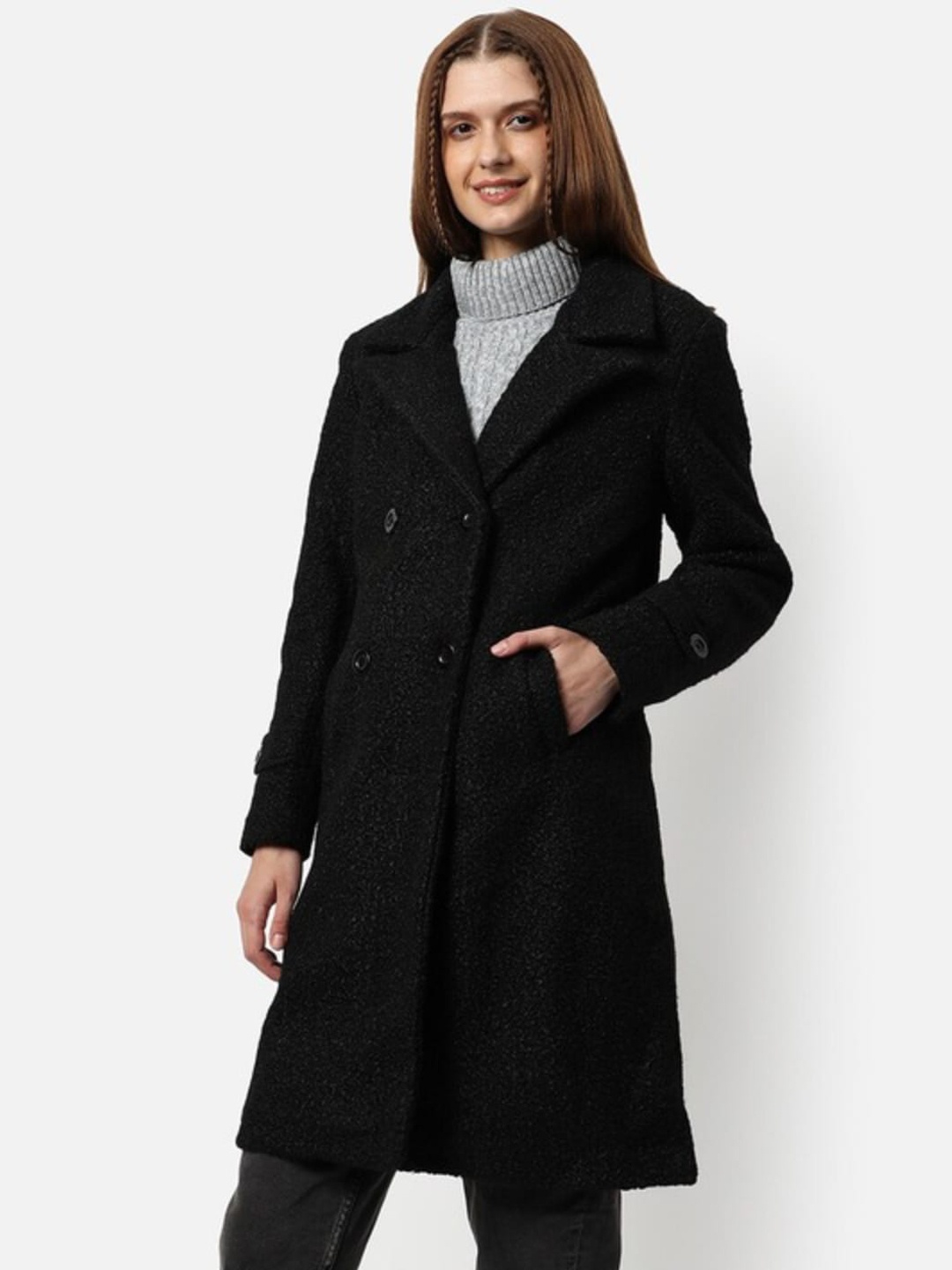 

Campus Sutra Notched Lapel Collar Longline Trench Coat, Black