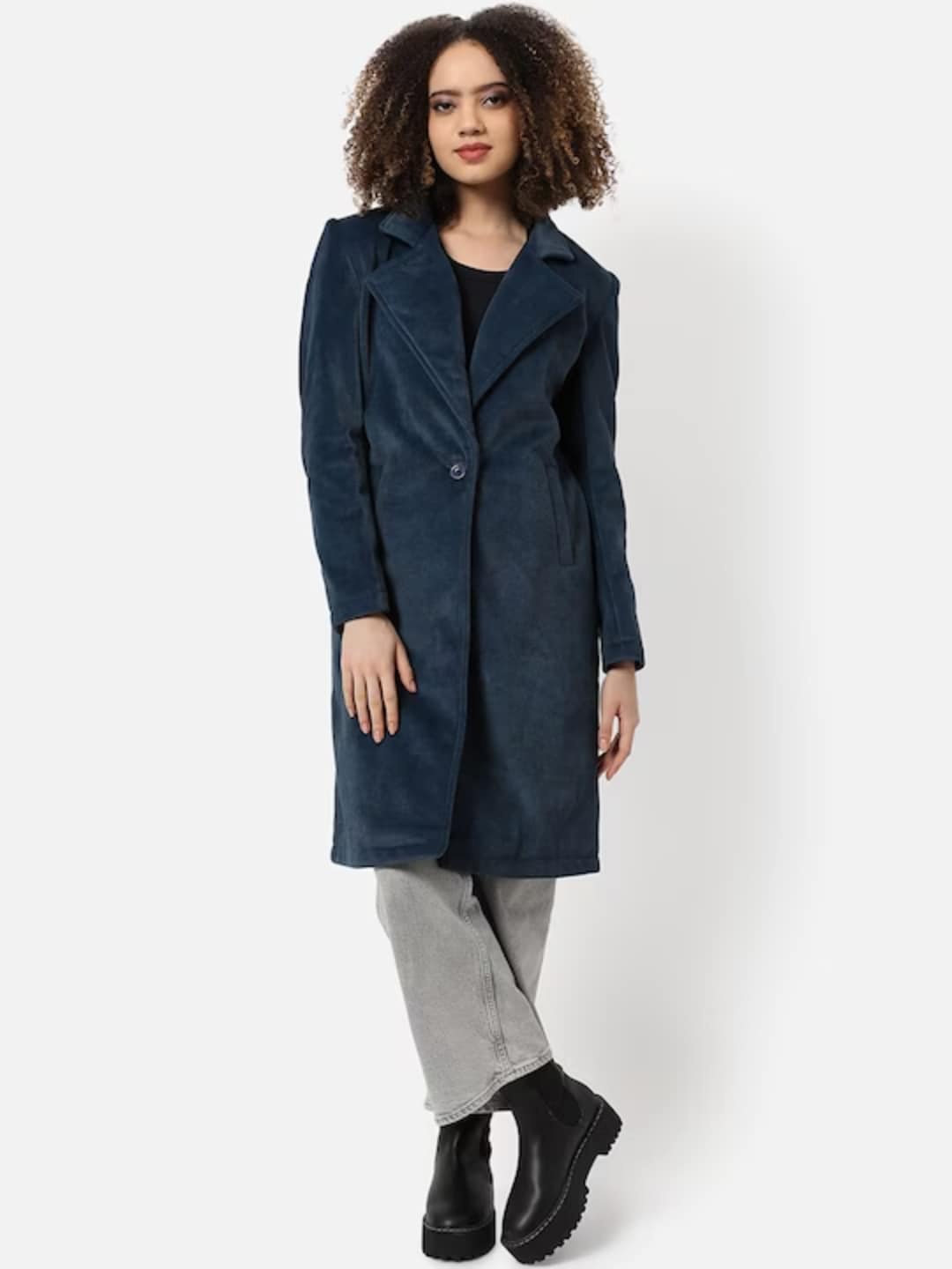 

Campus Sutra Single Breasted Longline Overcoat, Navy blue