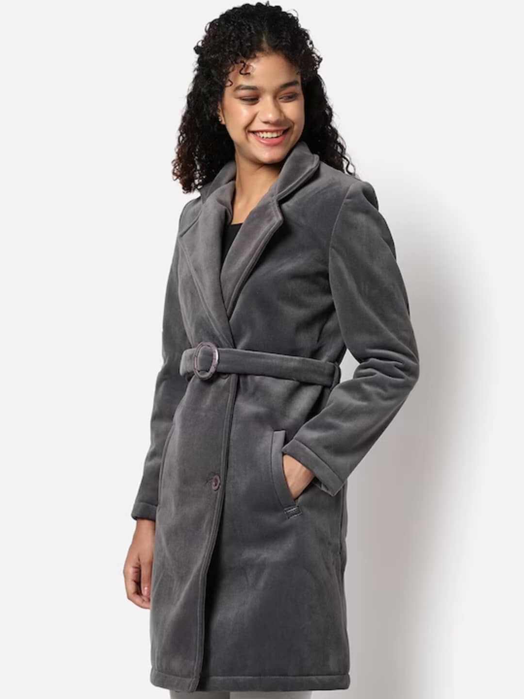 

Campus Sutra Notched Lapel Collar Longline Overcoat, Charcoal