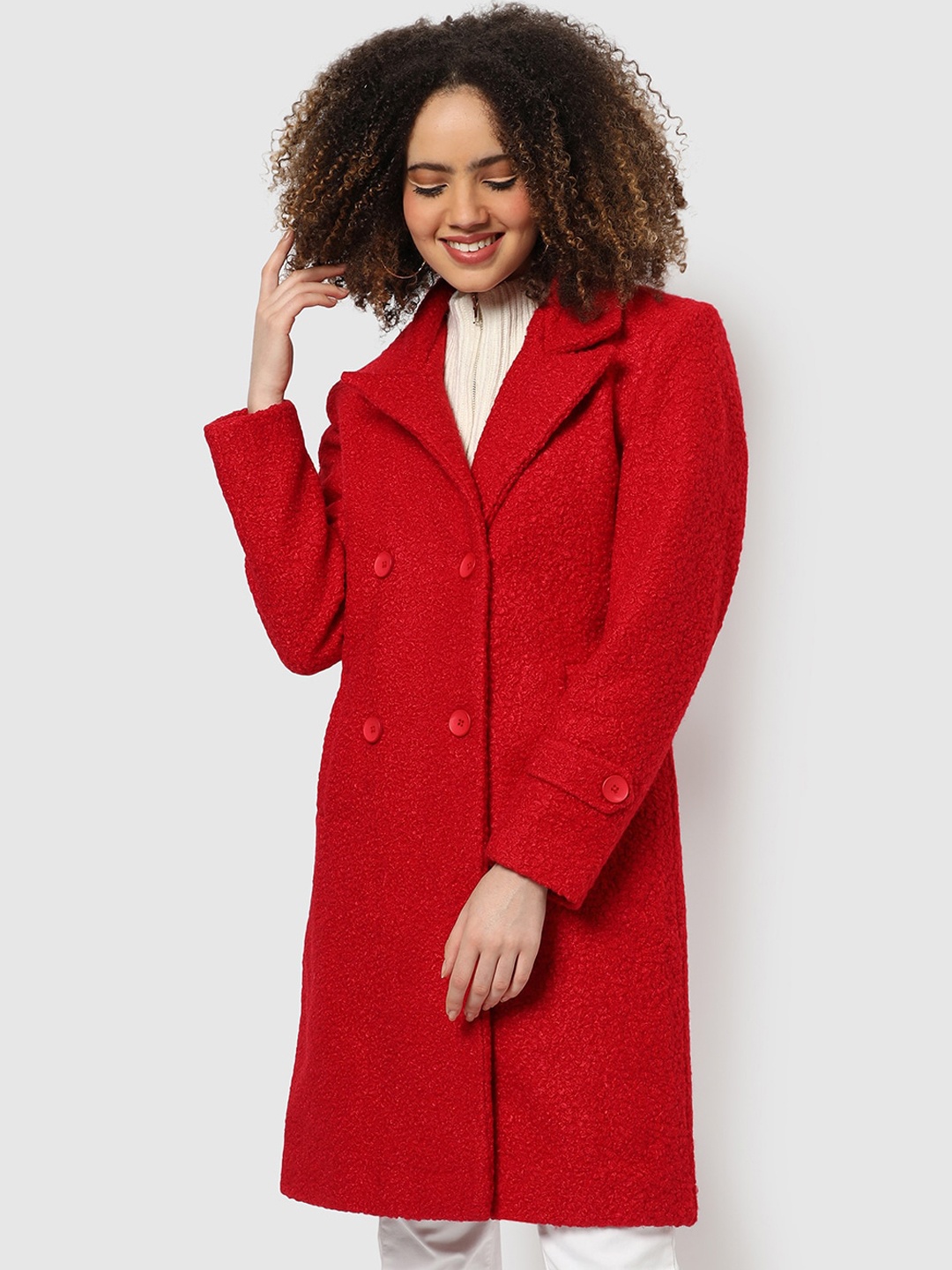 

Campus Sutra Double-Breasted Acrylic Longline Overcoat, Red