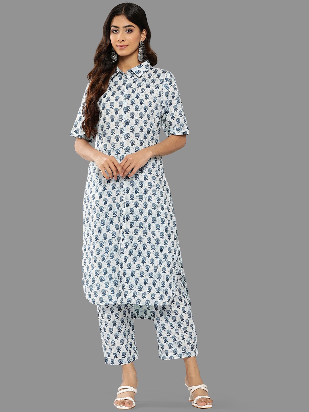 

Janasya Ethnic Motifs Printed Regular Pure Cotton Kurta With Trousers, White