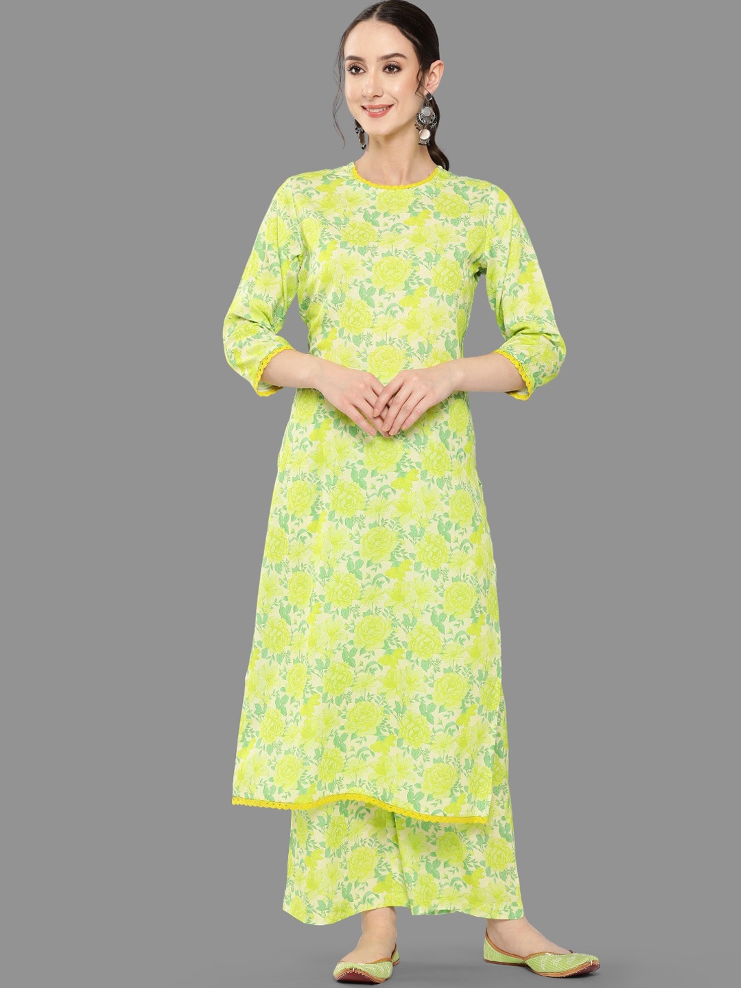 

Janasya Floral Printed Regular Kurta With Palazzos, Yellow