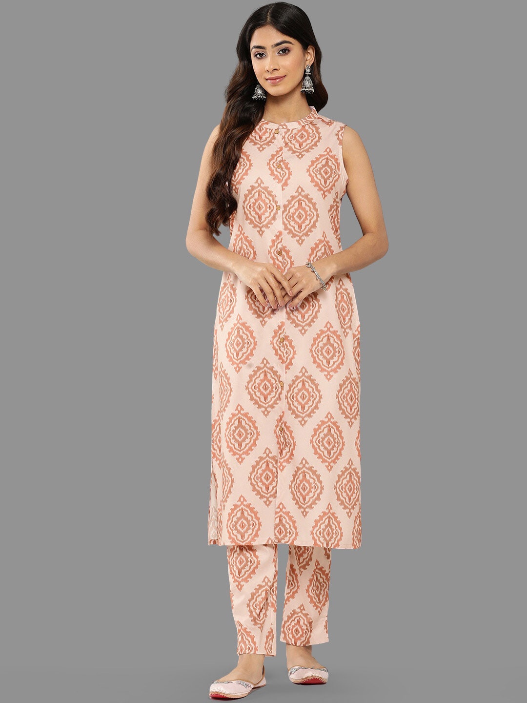 

Janasya Ethnic Motifs Printed Regular Kurta With Trousers, Peach