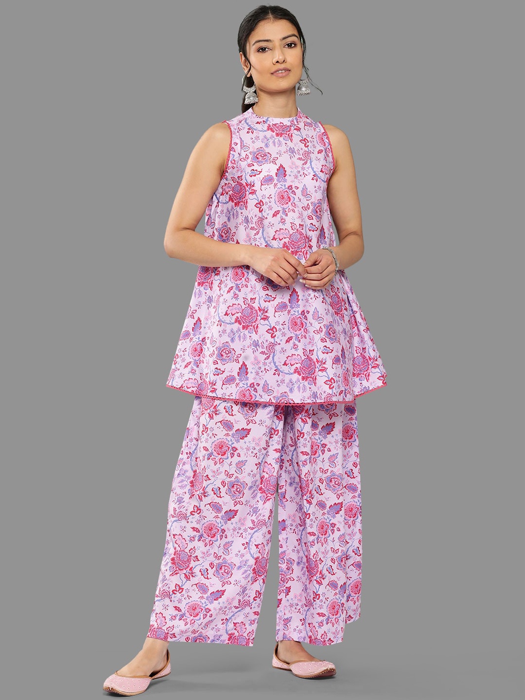 

Janasya Floral Printed A-Line Kurti With Palazzos, Lavender