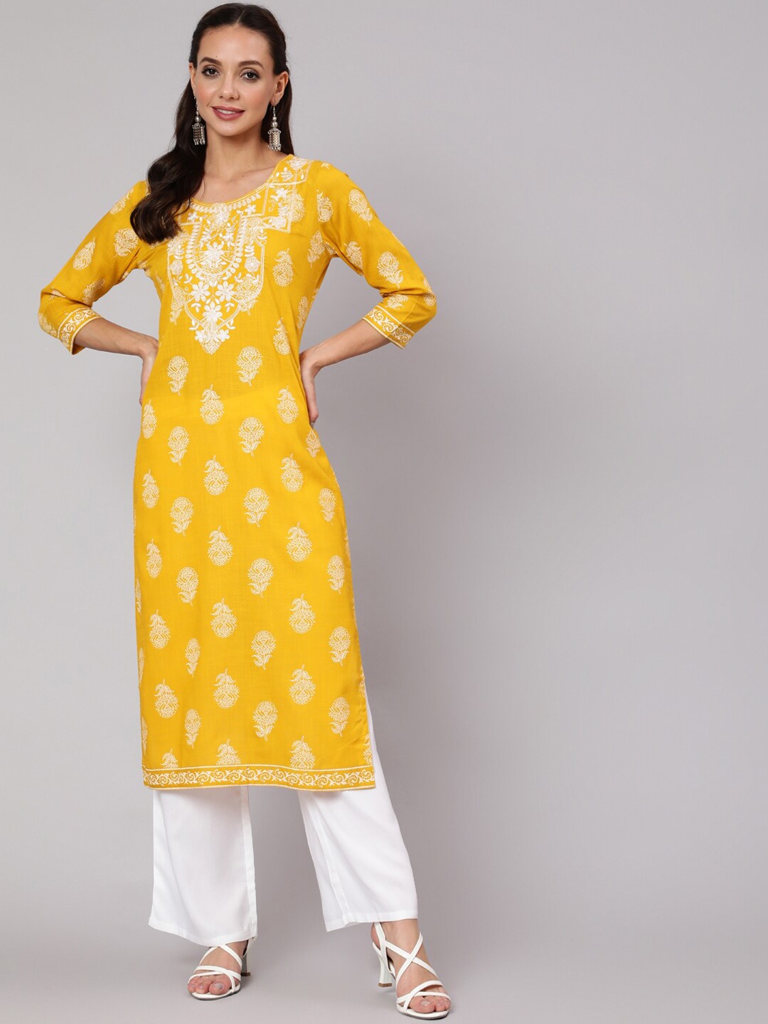 

Jaipur Kurti Women Heavy Embroidered Khadi Print Straight Kurta, Yellow