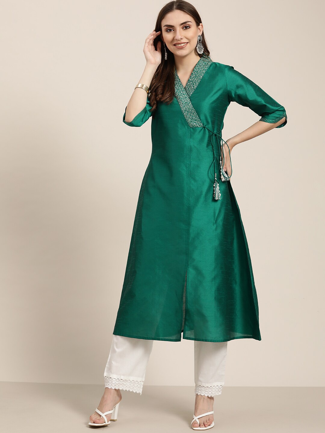 

Jaipur Kurti Silk Blend Angrakha Style A-Line Embroidered Kurta, Green