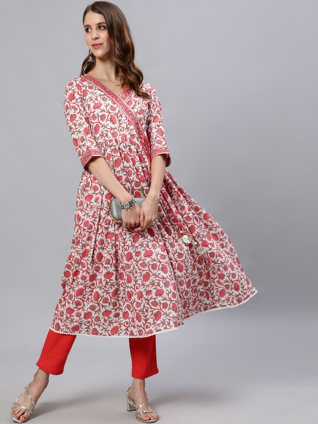 

Jaipur Kurti Floral Printed V-Neck Angrakha A-Line Cotton Kurta, Red