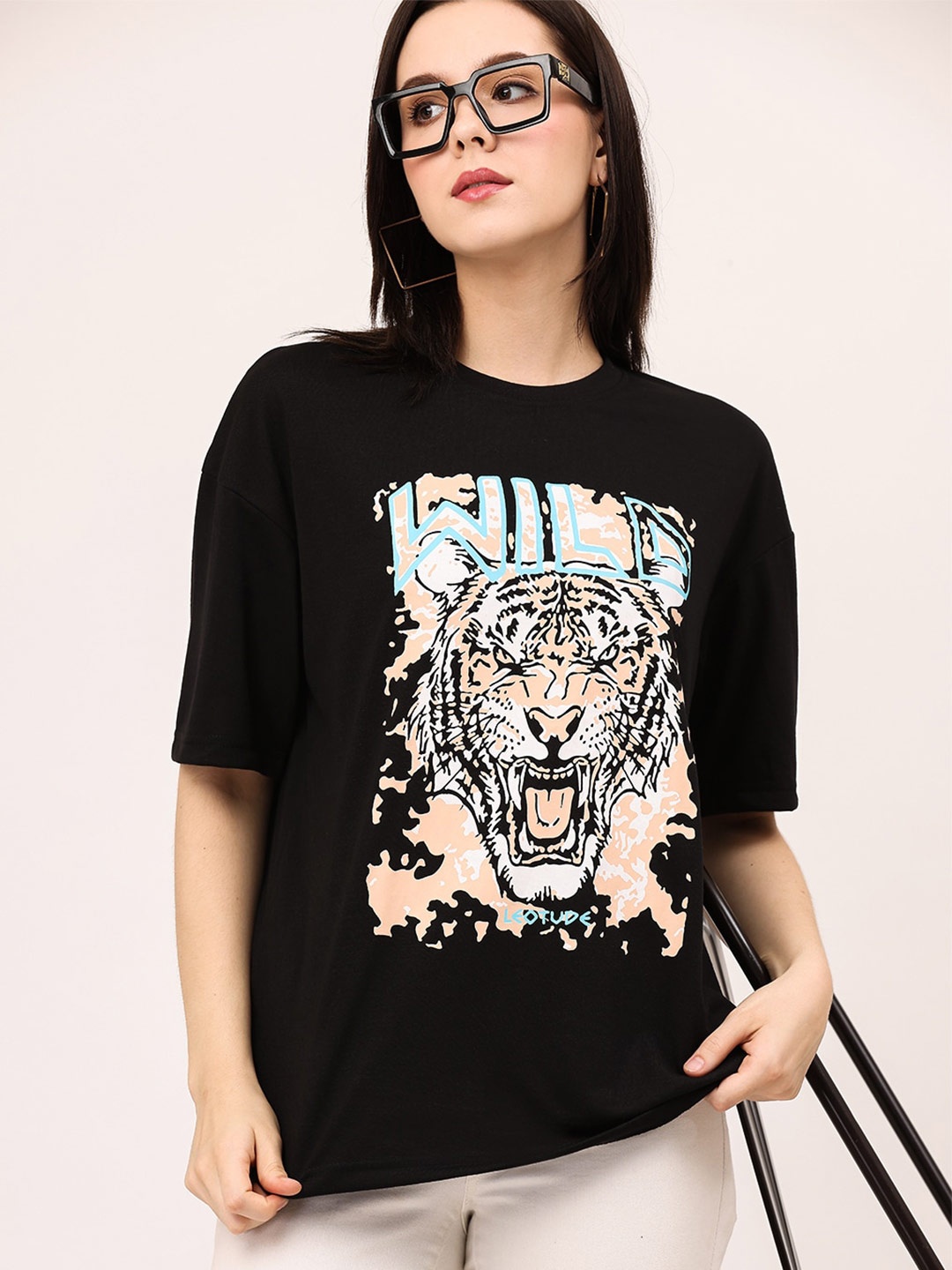 

Leotude Women Black Printed Extended Sleeves Raw Edge T-shirt