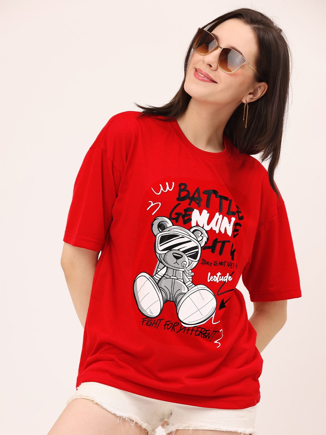 

Leotude Typography Printed Drop Shoulder Sleeves Oversized T-shirt, Red