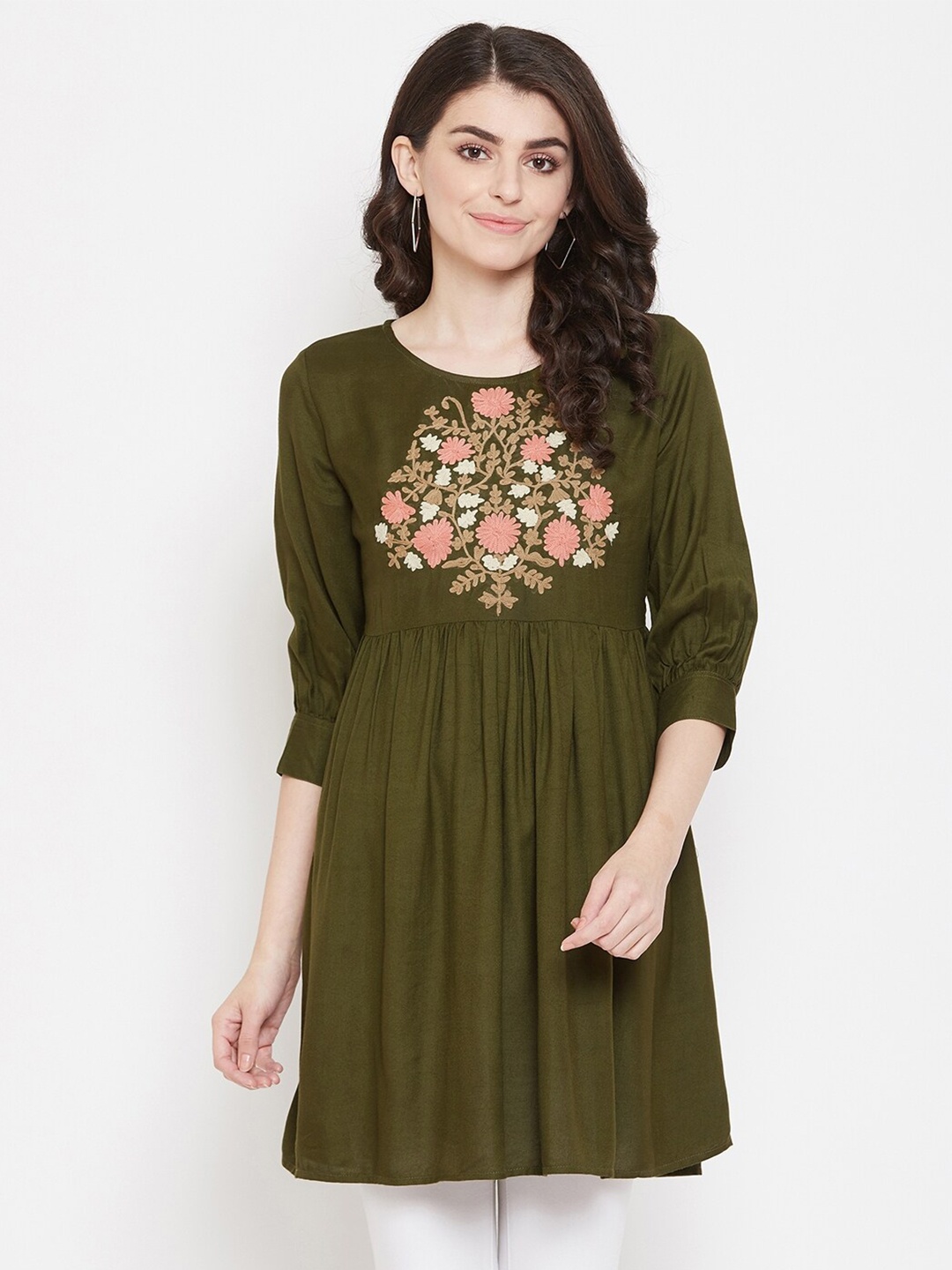 

BAESD Floral Embroidered Gathers Tunic, Green