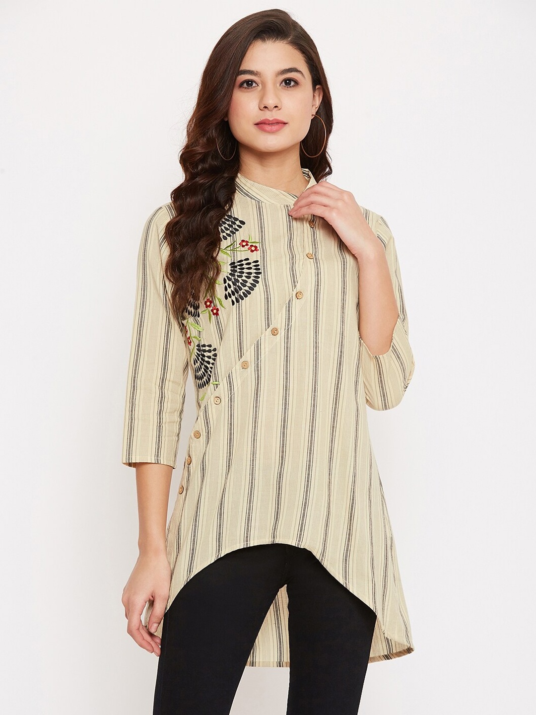 

BAESD Striped Embroidered Mandarin Collar CottonTunic, Beige