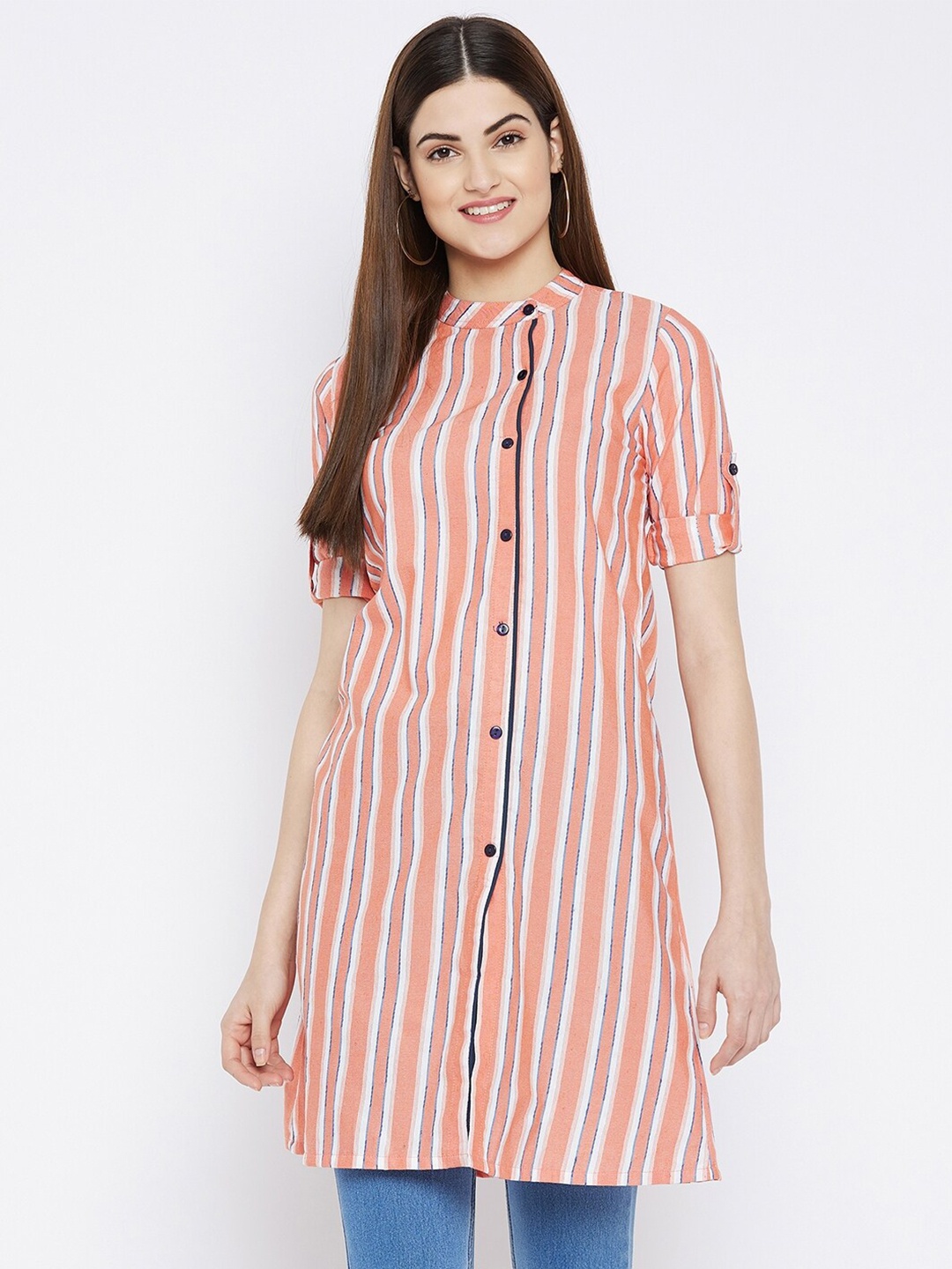 

BAESD Striped Mandarin Collar Roll-Up Sleeves Cotton Tunic, Orange