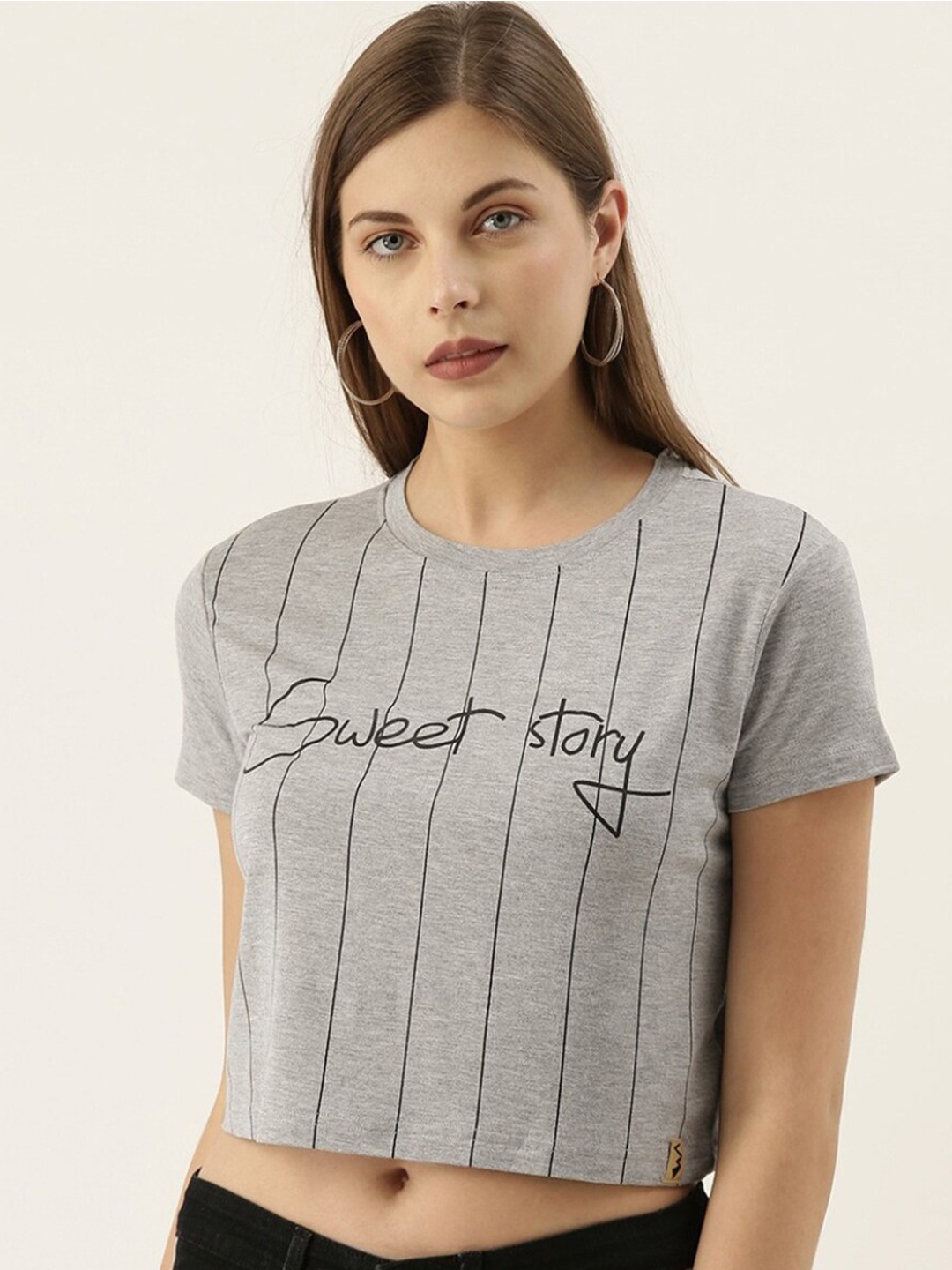 

Campus Sutra Typography Printed Cotton Crop T-Shirt, Grey