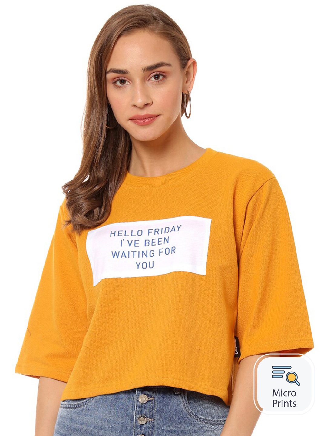 

Campus Sutra Typography Printed Cotton Boxy T-shirt, Mustard