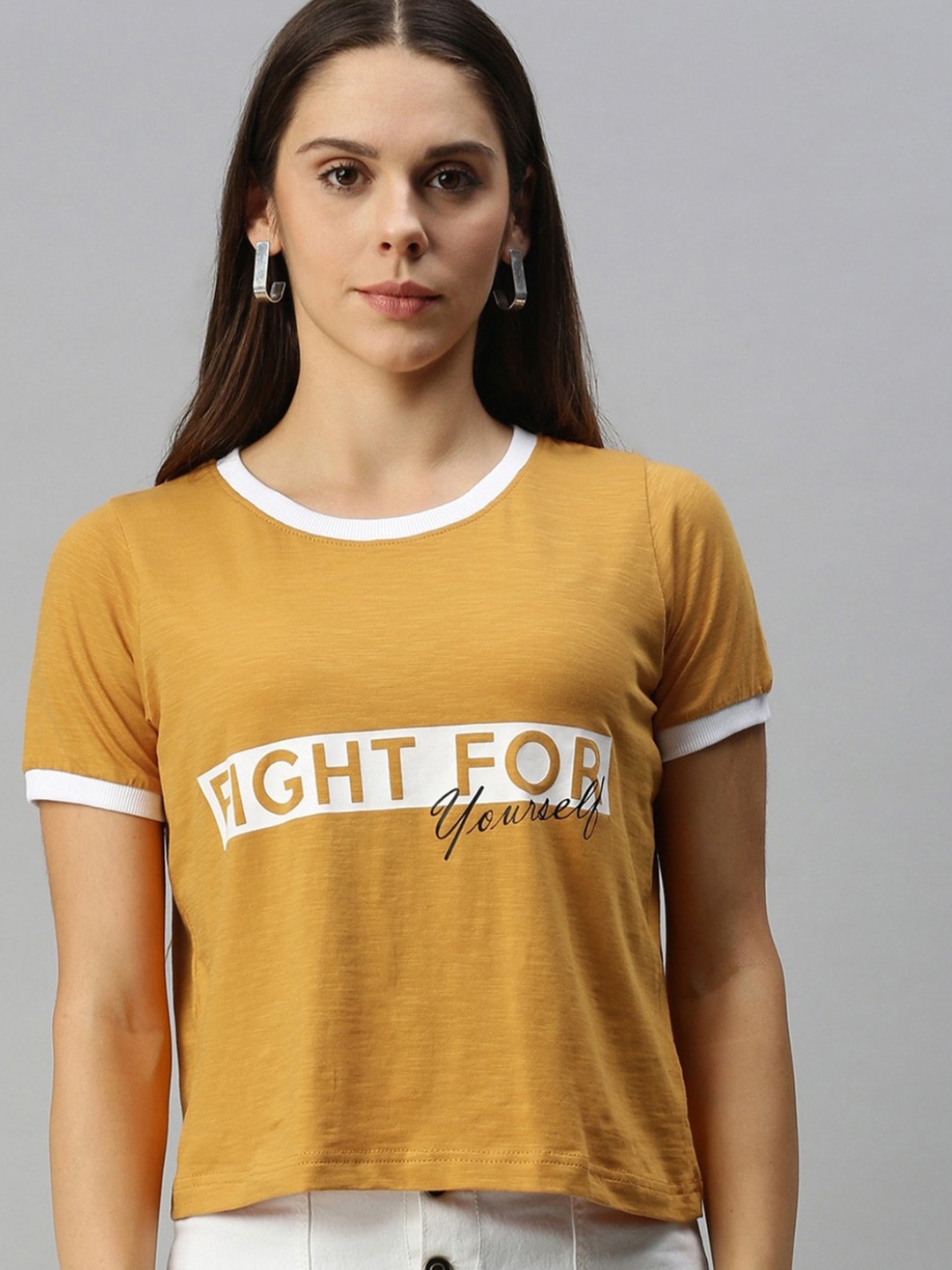 

Campus Sutra Typography Printed Cotton Boxy T-shirt, Mustard