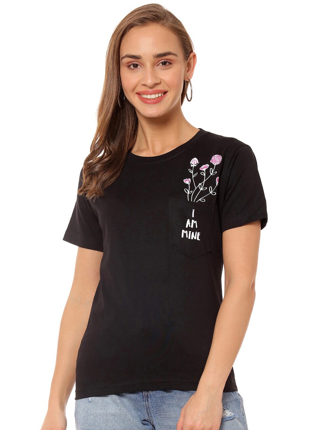 

Campus Sutra Floral Printed Cotton T-Shirt, Black