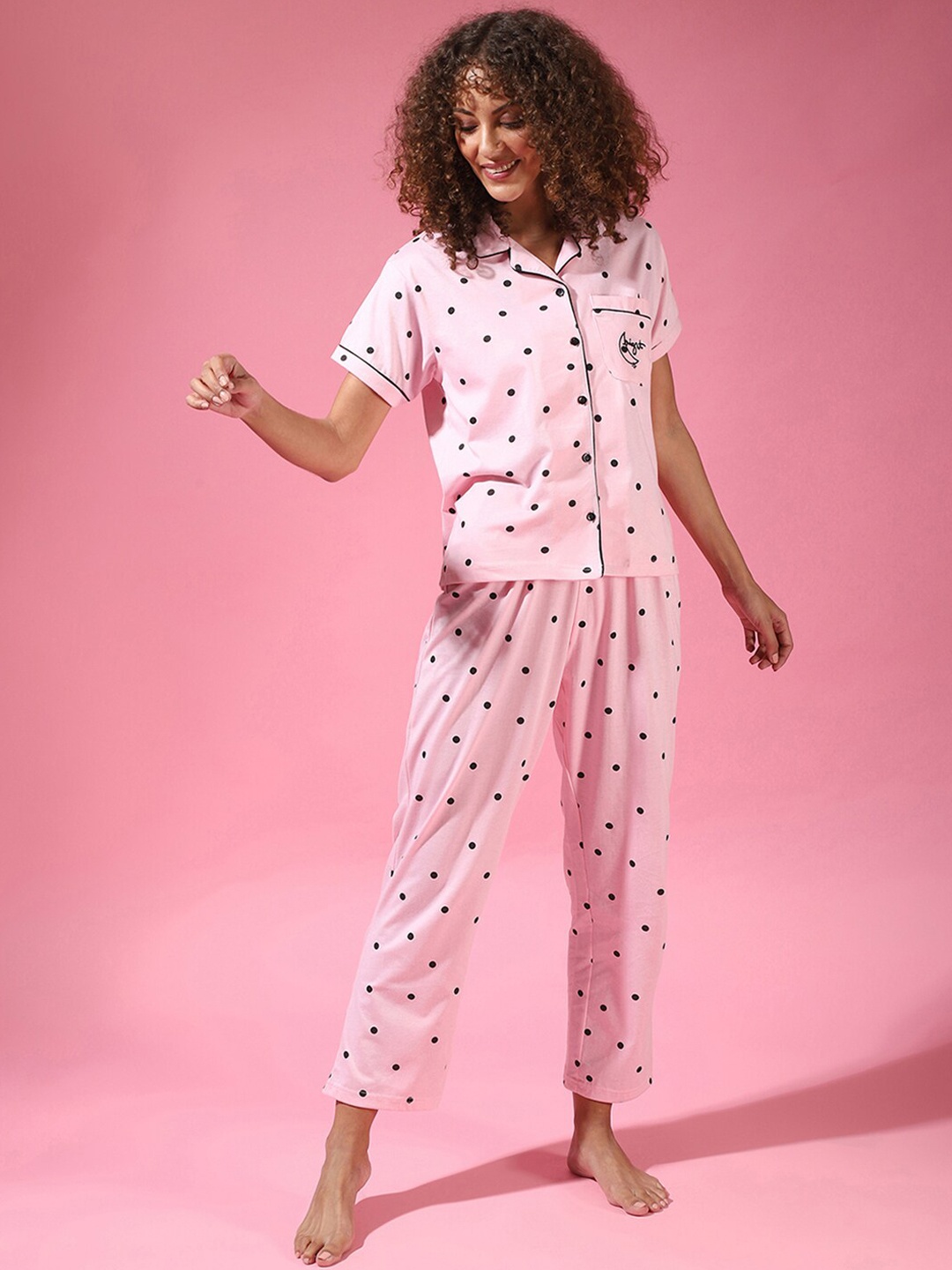 

Campus Sutra Polka Dots Printed Night suit, Pink