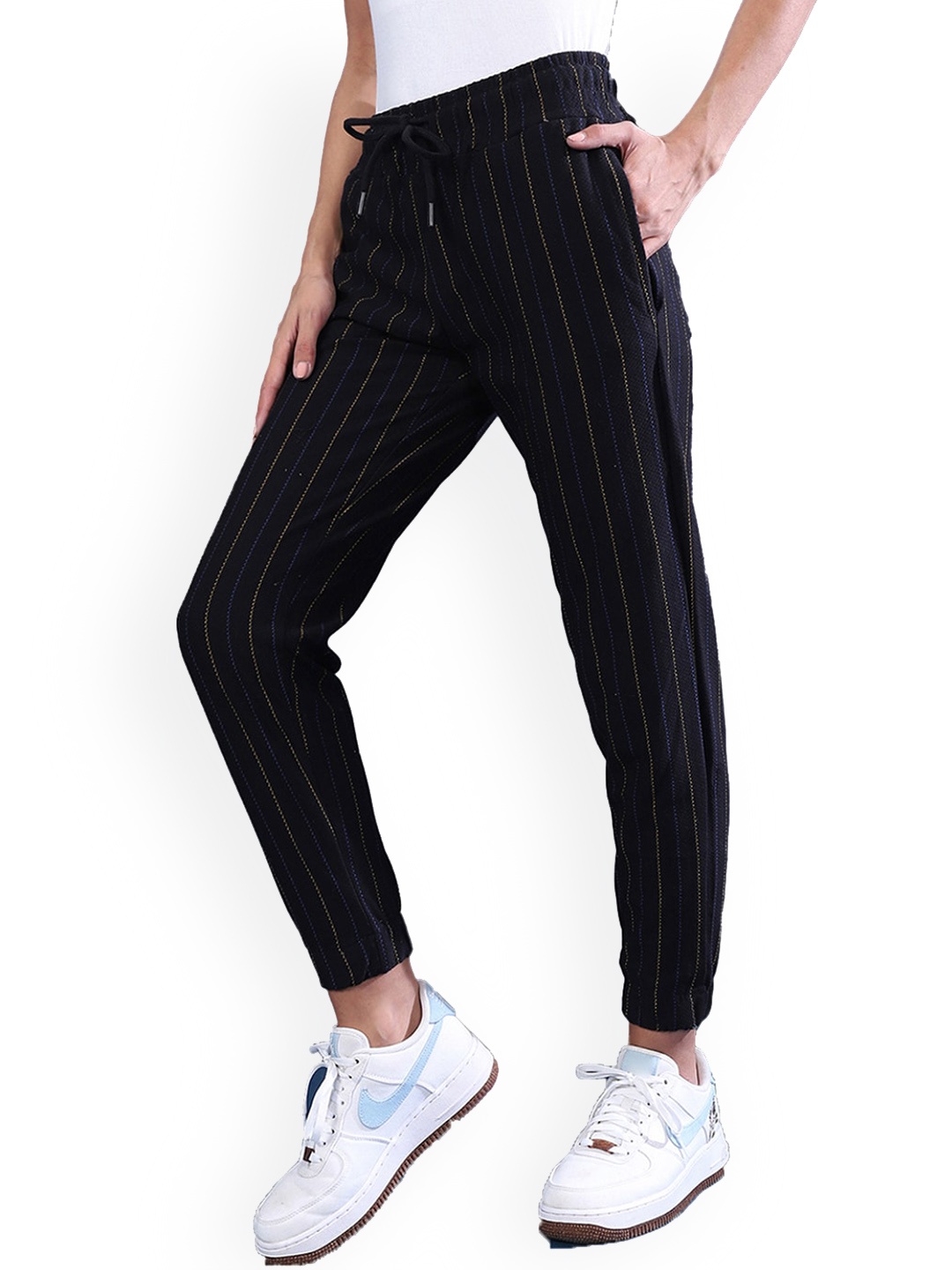 

Campus Sutra Women Striped Cotton Sports Joggers, Navy blue