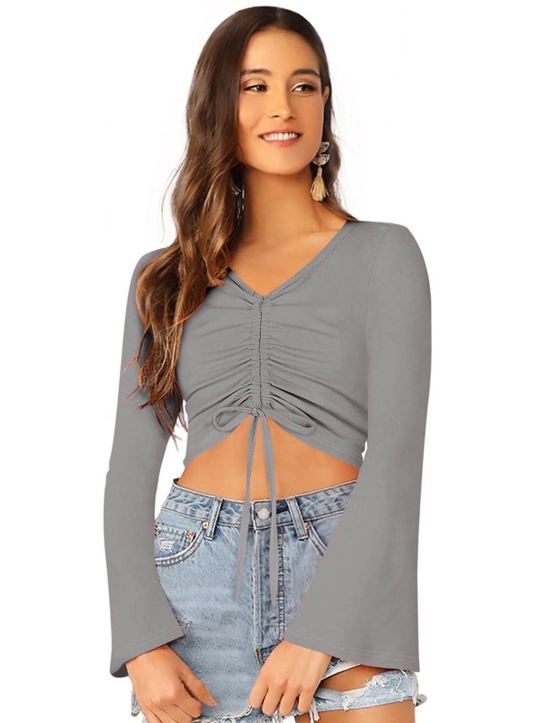 

BAESD V-Neck Gathered Detail Flared Sleeve Crop Top, Grey