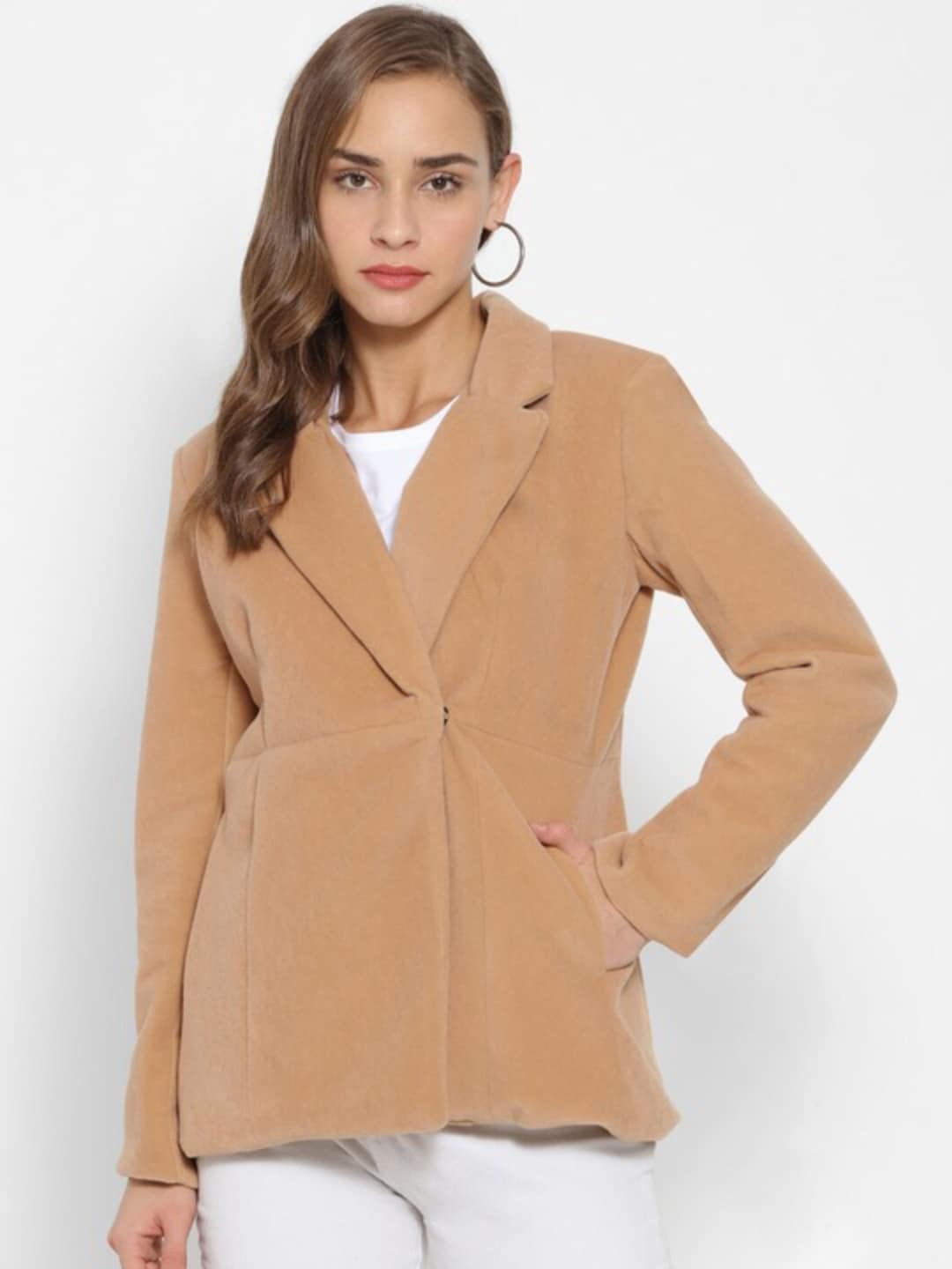 

Campus Sutra Notched Lapel Single Breasted Blazers, Beige