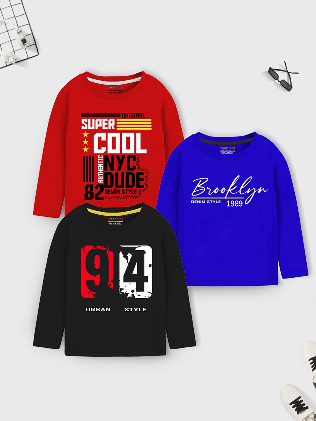

Trampoline Boys Pack Of 3 Typography Printed T-shirt, Blue