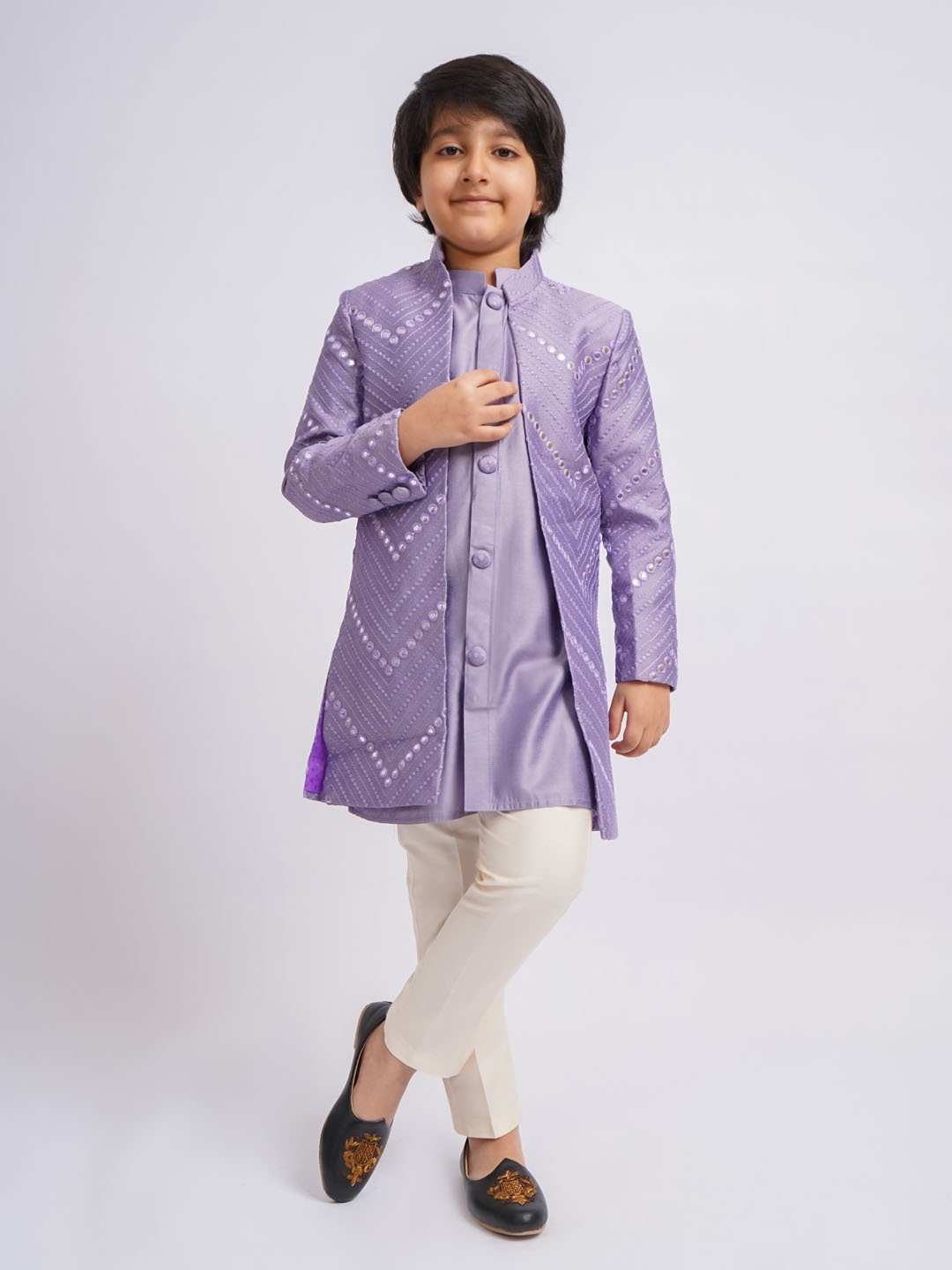 

VASTRAMAY Boys Mirror Work Sherwani Over Kurta Pyjama, Purple
