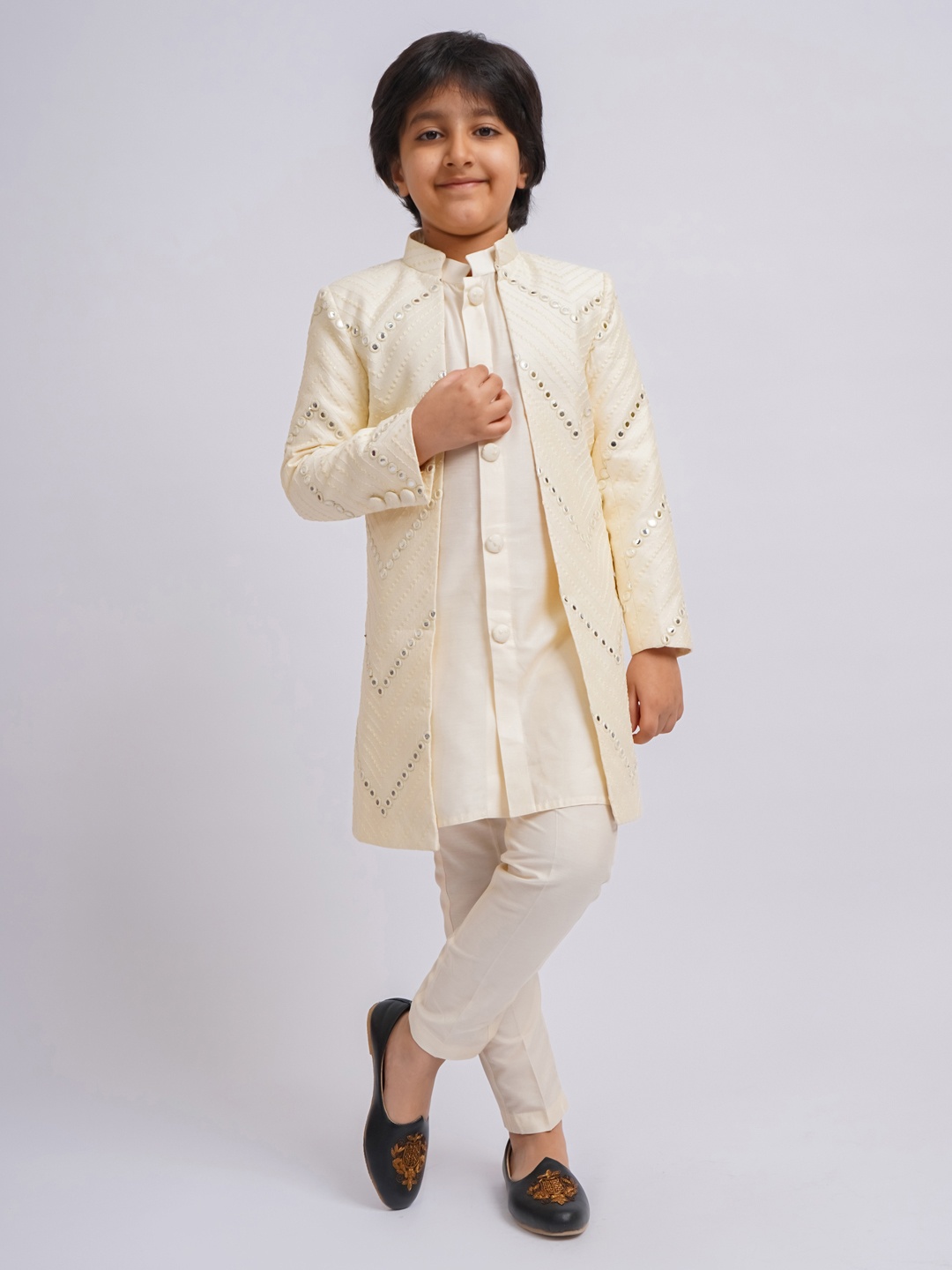 

VASTRAMAY Boys Mirror Work Cotton Sherwani Over Kurta Pyjama, Cream