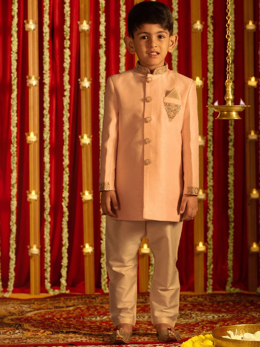 

VASTRAMAY Boys Zardosi Embroidered Sherwani With Churidar, Pink